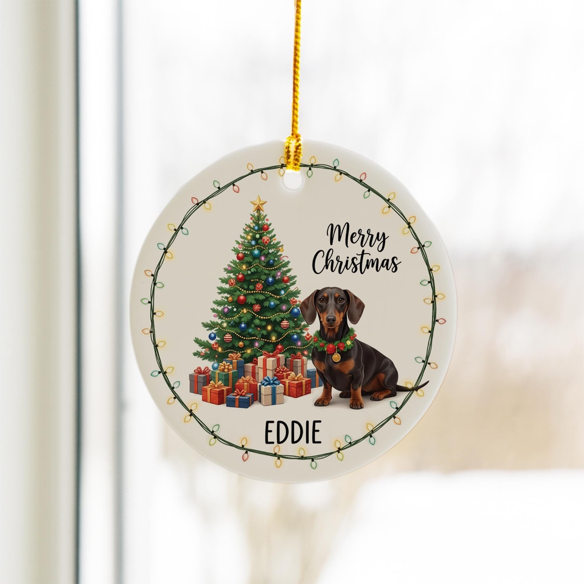 Personalized Ceramic Dog Christmas Ornament: Custom Pet Name, Tree & Lights