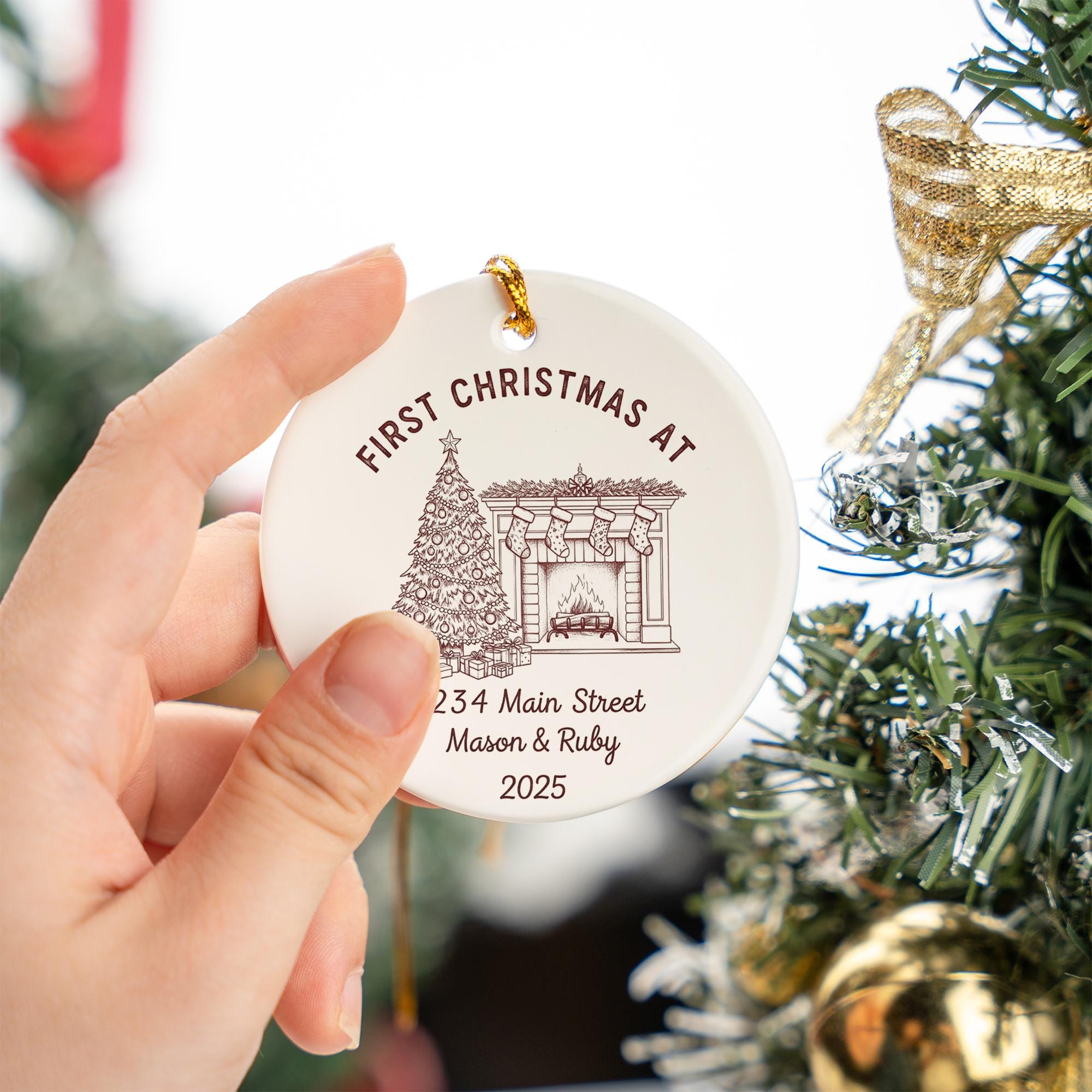 Personalized Ceramic Housewarming Ornament – First Christmas At New Home Keepsake with Address and Names