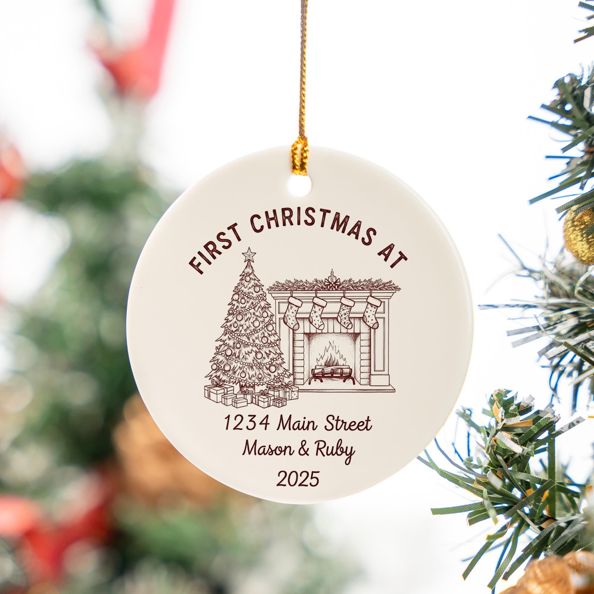 Personalized Ceramic Housewarming Ornament – First Christmas At New Home Keepsake with Address and Names