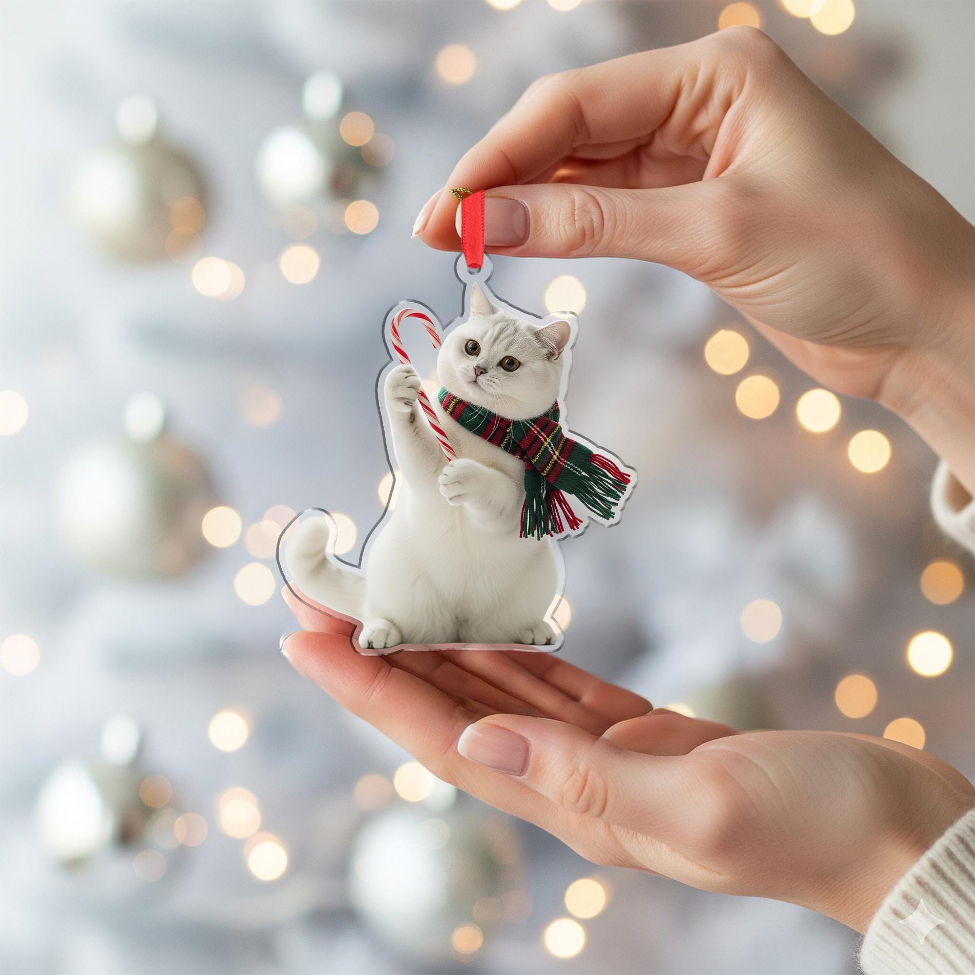Cat Christmas Ornament – Holiday Tree Decoration with Candy Cane and Scarf Design