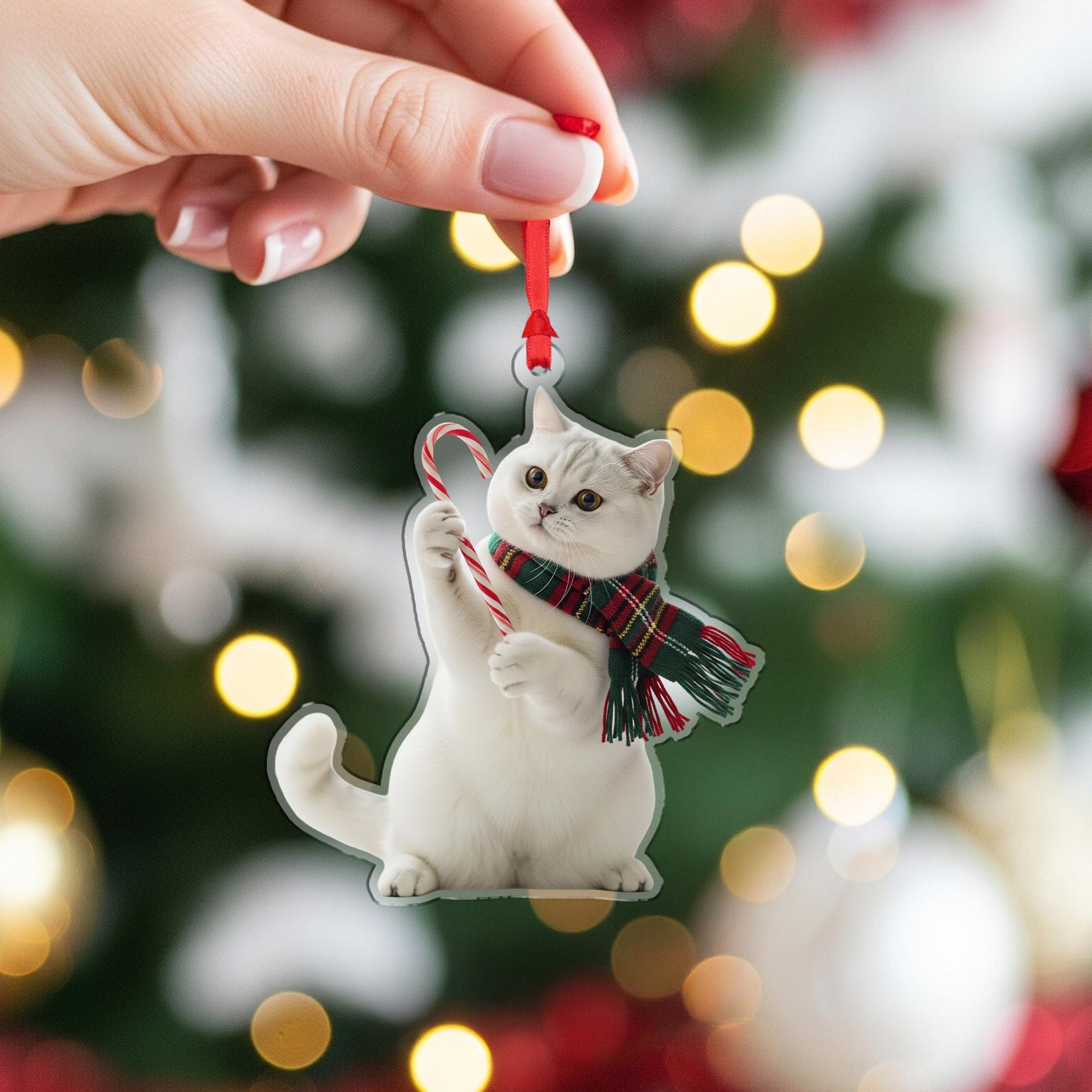 Cat Christmas Ornament – Holiday Tree Decoration with Candy Cane and Scarf Design