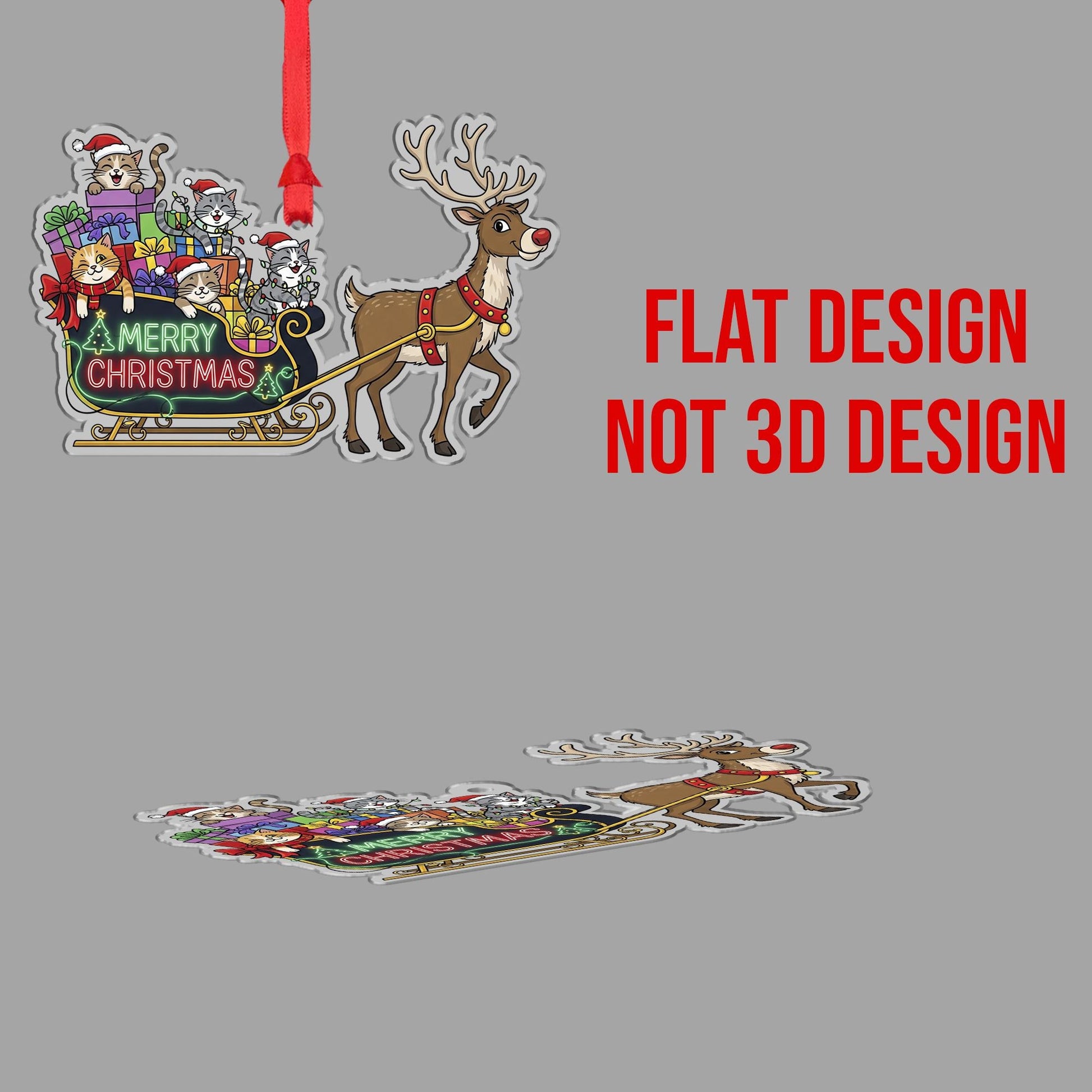 Christmas Ornament – Holiday Tree Decoration with Reindeer Sleigh and Cats Design