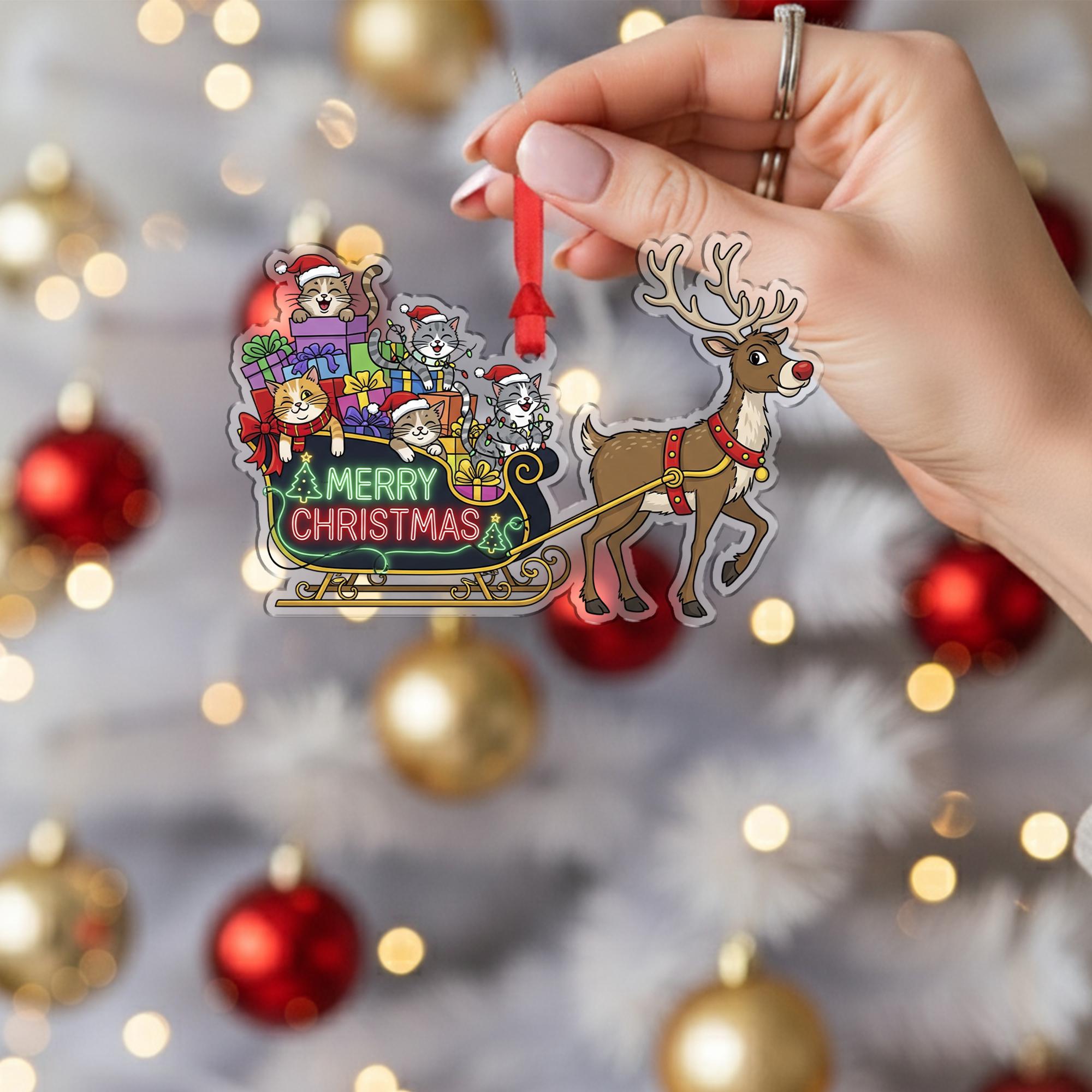 Christmas Ornament – Holiday Tree Decoration with Reindeer Sleigh and Cats Design