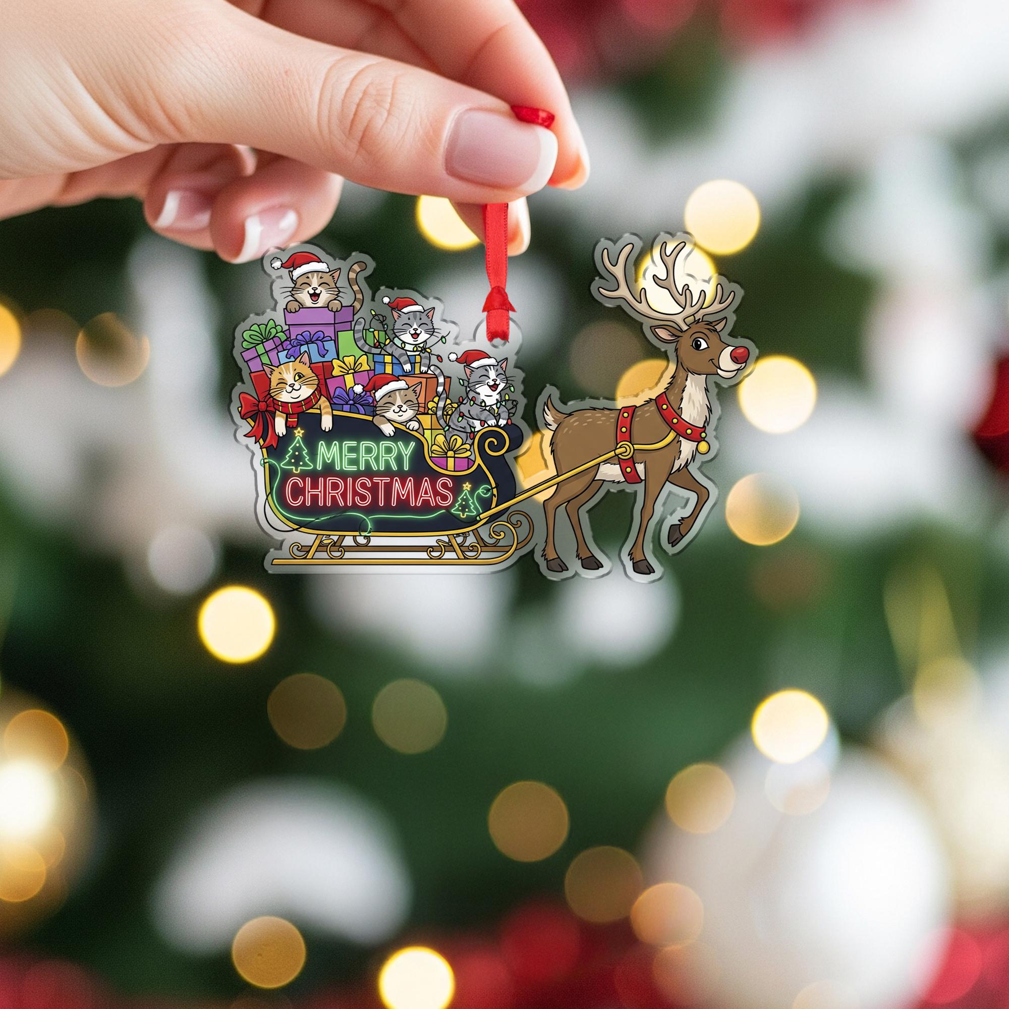 Christmas Ornament – Holiday Tree Decoration with Reindeer Sleigh and Cats Design