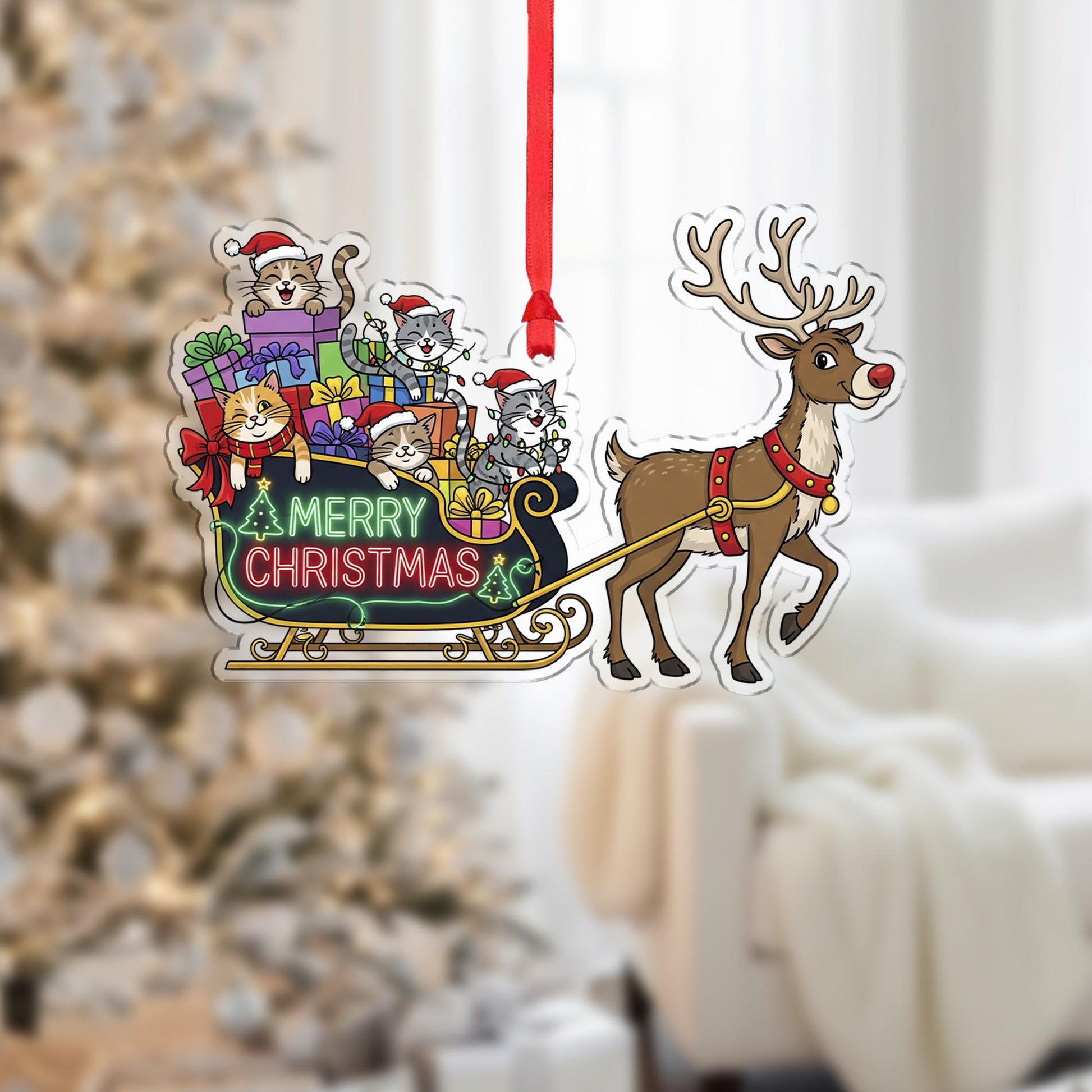 Christmas Ornament – Holiday Tree Decoration with Reindeer Sleigh and Cats Design
