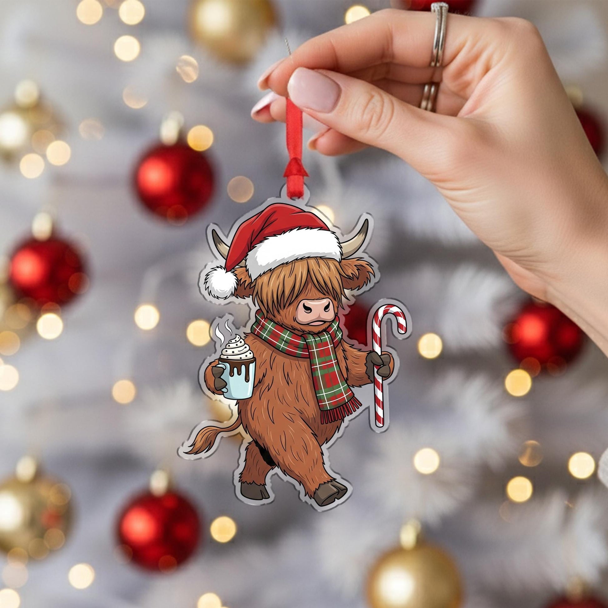 Christmas Ornament – Holiday Tree Decoration with Highland Cow, Candy Cane, and Hot Cocoa Design