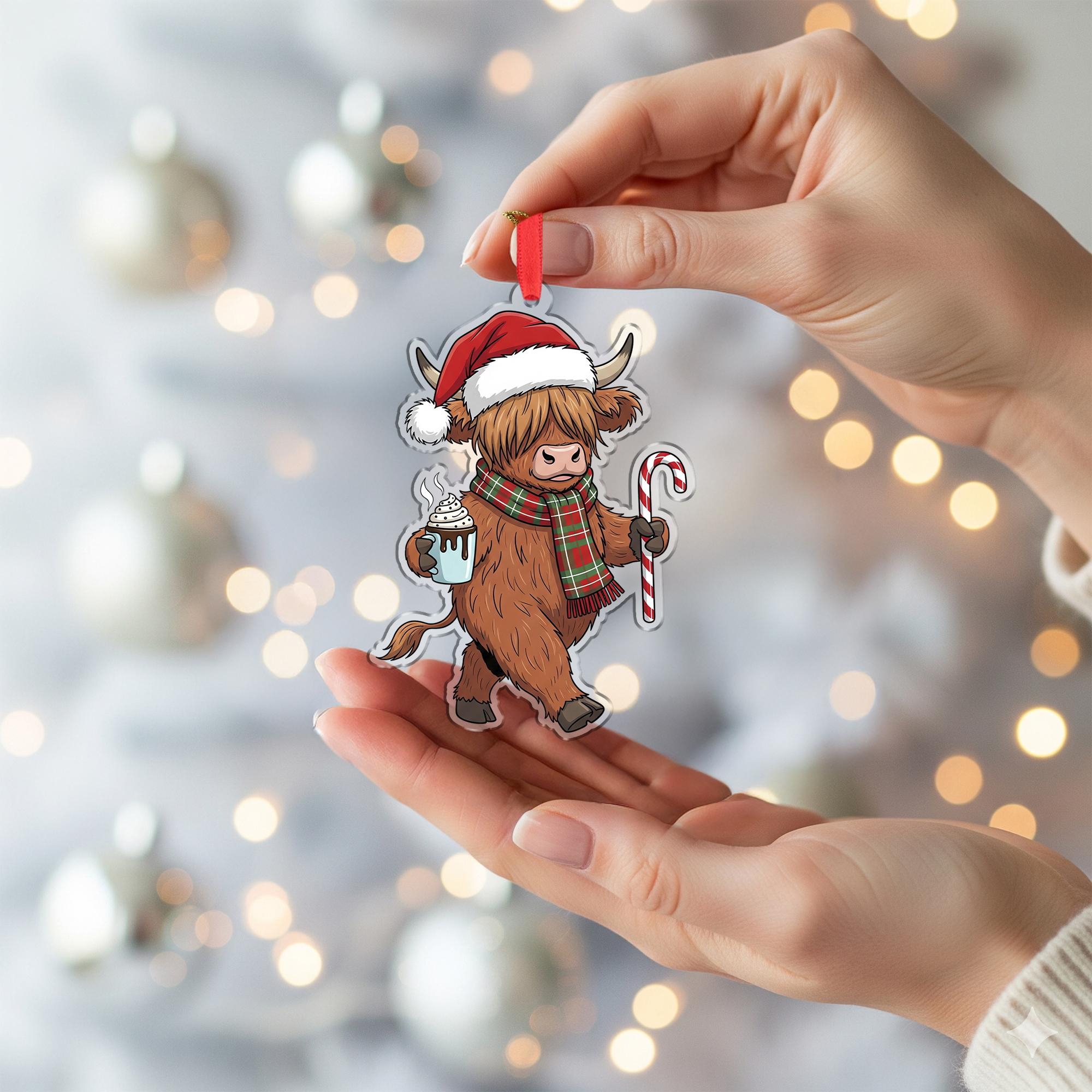 Christmas Ornament – Holiday Tree Decoration with Highland Cow, Candy Cane, and Hot Cocoa Design