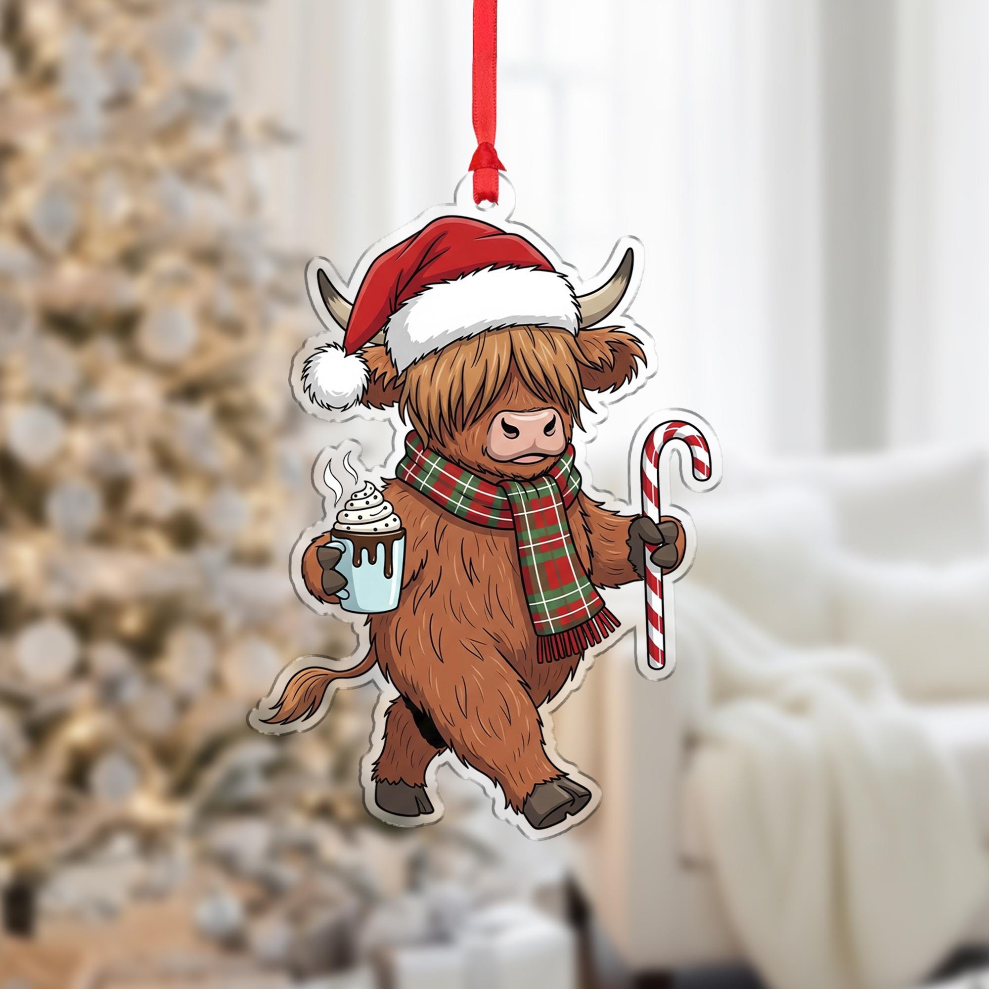 Christmas Ornament – Holiday Tree Decoration with Highland Cow, Candy Cane, and Hot Cocoa Design