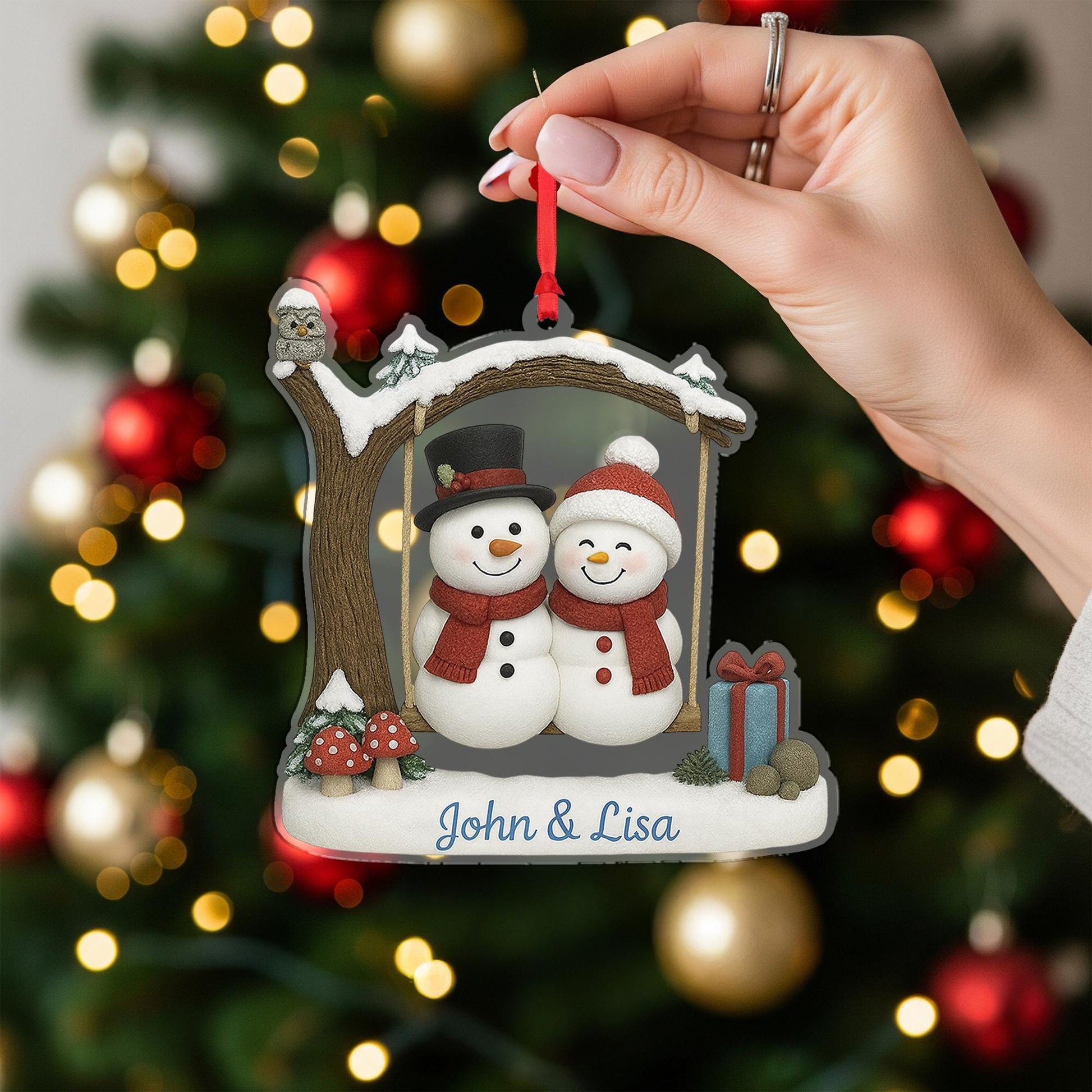 Personalized Christmas Ornament – Snowman Couple Holiday Tree Decoration with Names