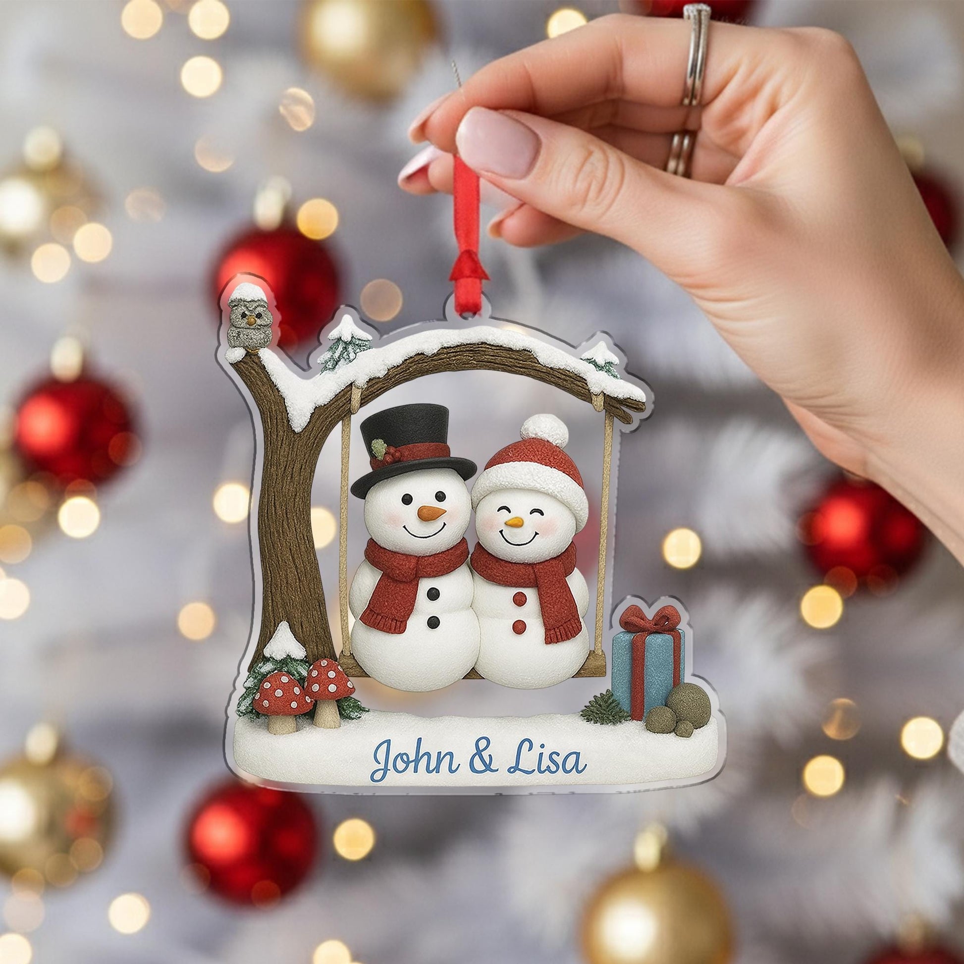 Personalized Christmas Ornament – Snowman Couple Holiday Tree Decoration with Names