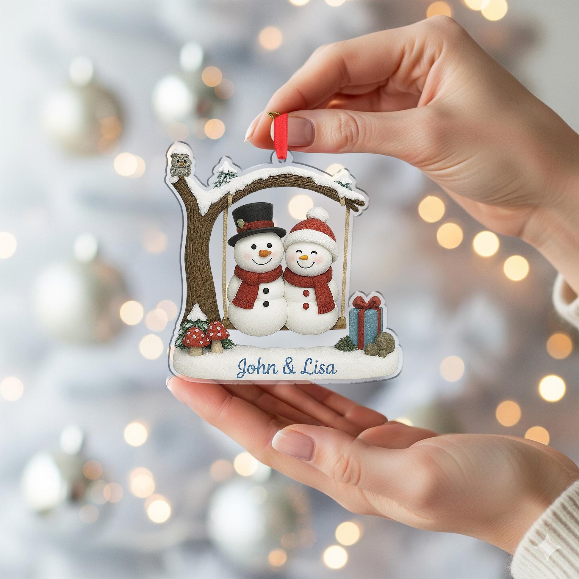 Personalized Christmas Ornament – Snowman Couple Holiday Tree Decoration with Names
