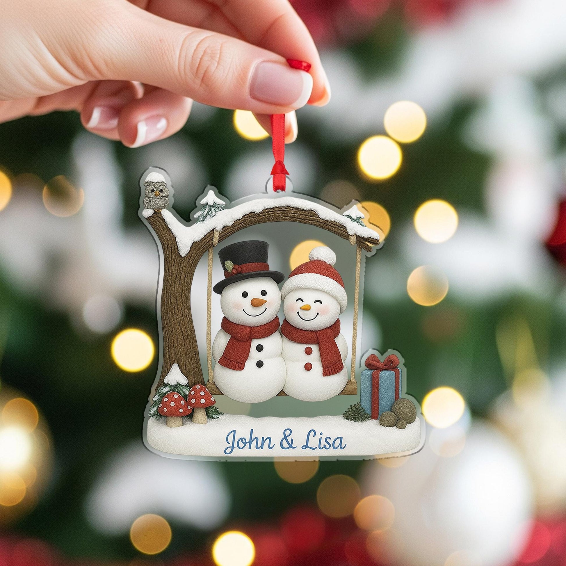 Personalized Christmas Ornament – Snowman Couple Holiday Tree Decoration with Names