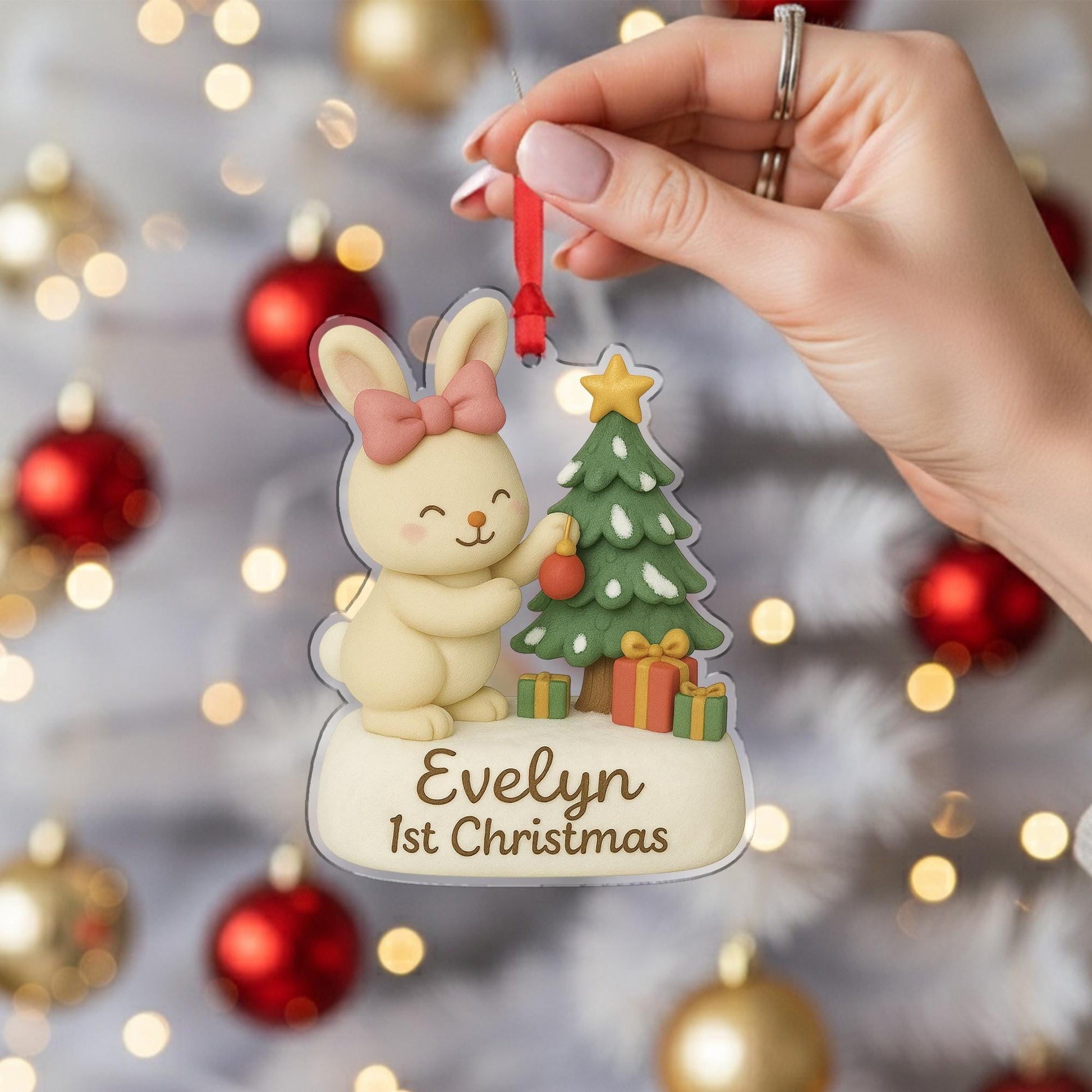 Personalized Baby’s First Christmas Ornament – Bunny with Tree and Gifts Holiday Decoration