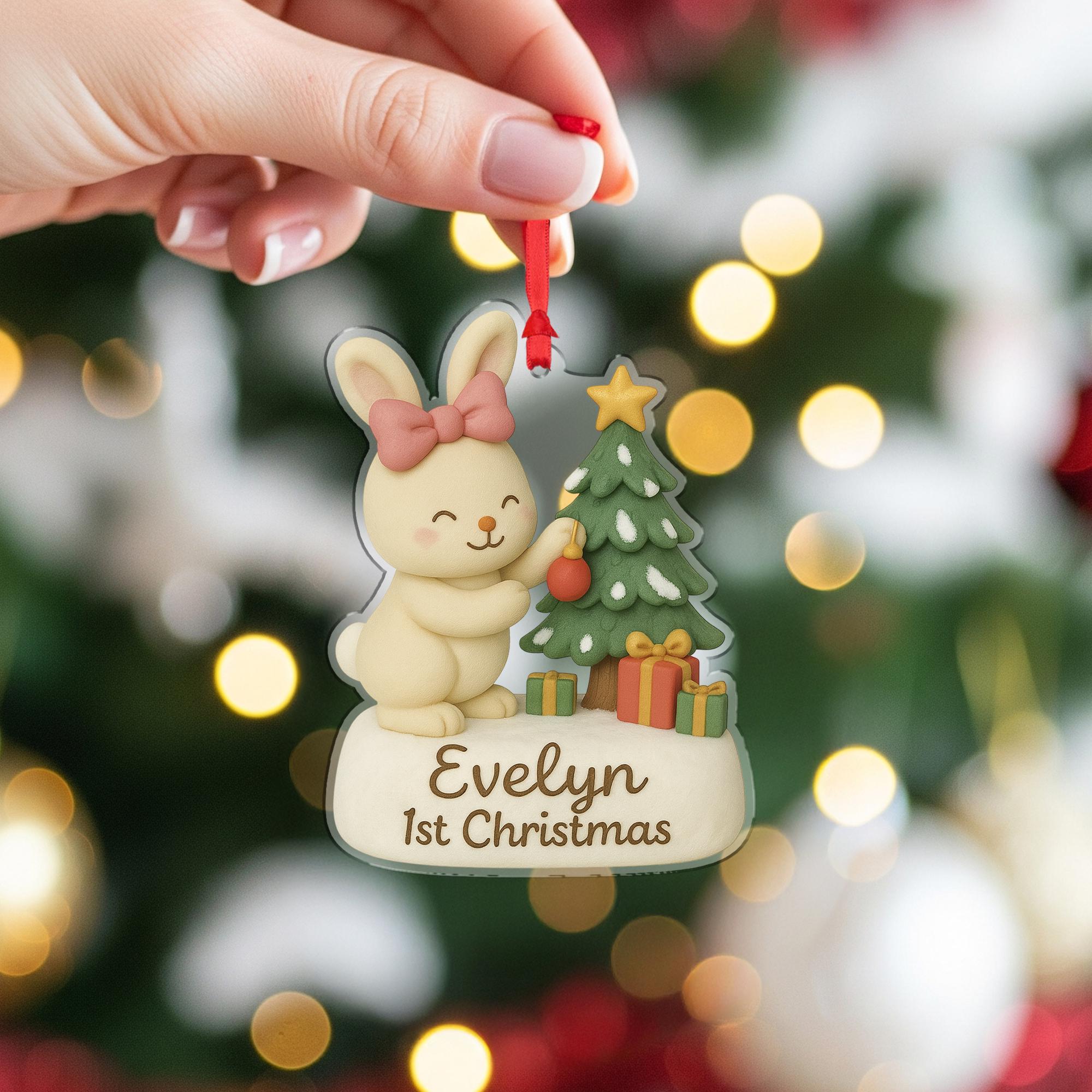 Personalized Baby’s First Christmas Ornament – Bunny with Tree and Gifts Holiday Decoration