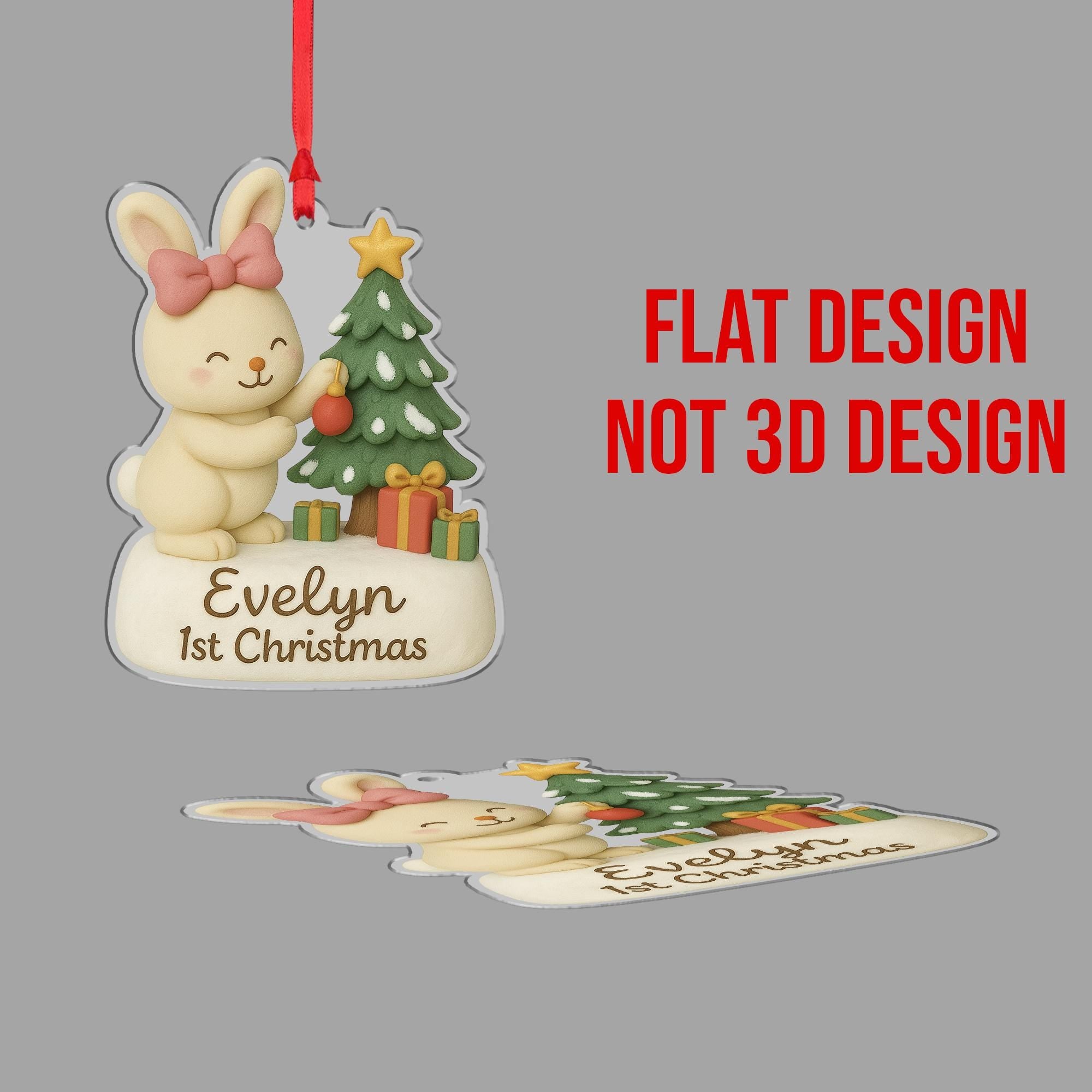 Personalized Baby’s First Christmas Ornament – Bunny with Tree and Gifts Holiday Decoration