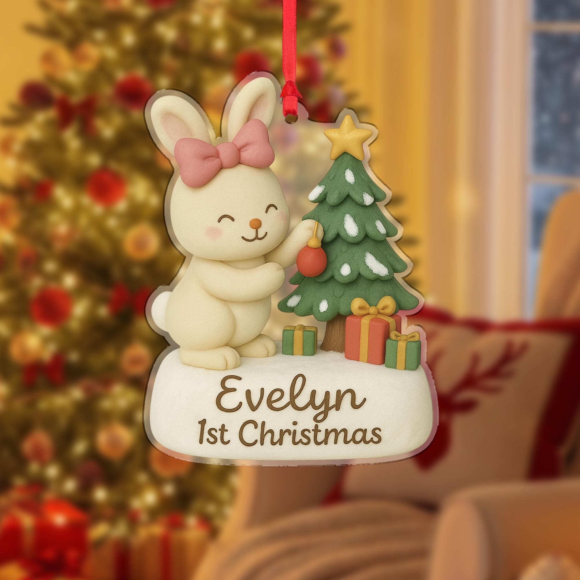 Personalized Baby’s First Christmas Ornament – Bunny with Tree and Gifts Holiday Decoration