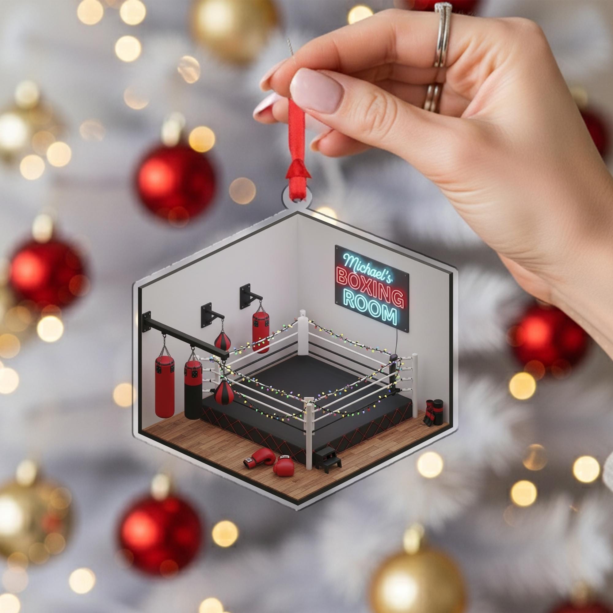 Personalized Boxing Ornament – Holiday Tree Decoration with Ring, Gloves, and Training Room Design