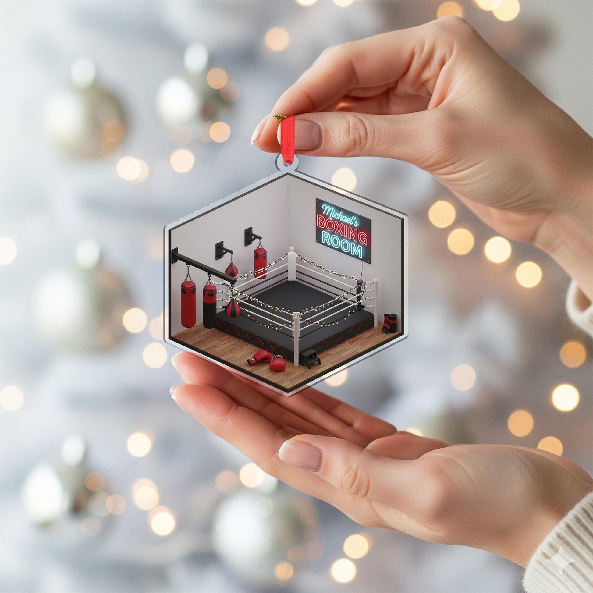 Personalized Boxing Ornament – Holiday Tree Decoration with Ring, Gloves, and Training Room Design