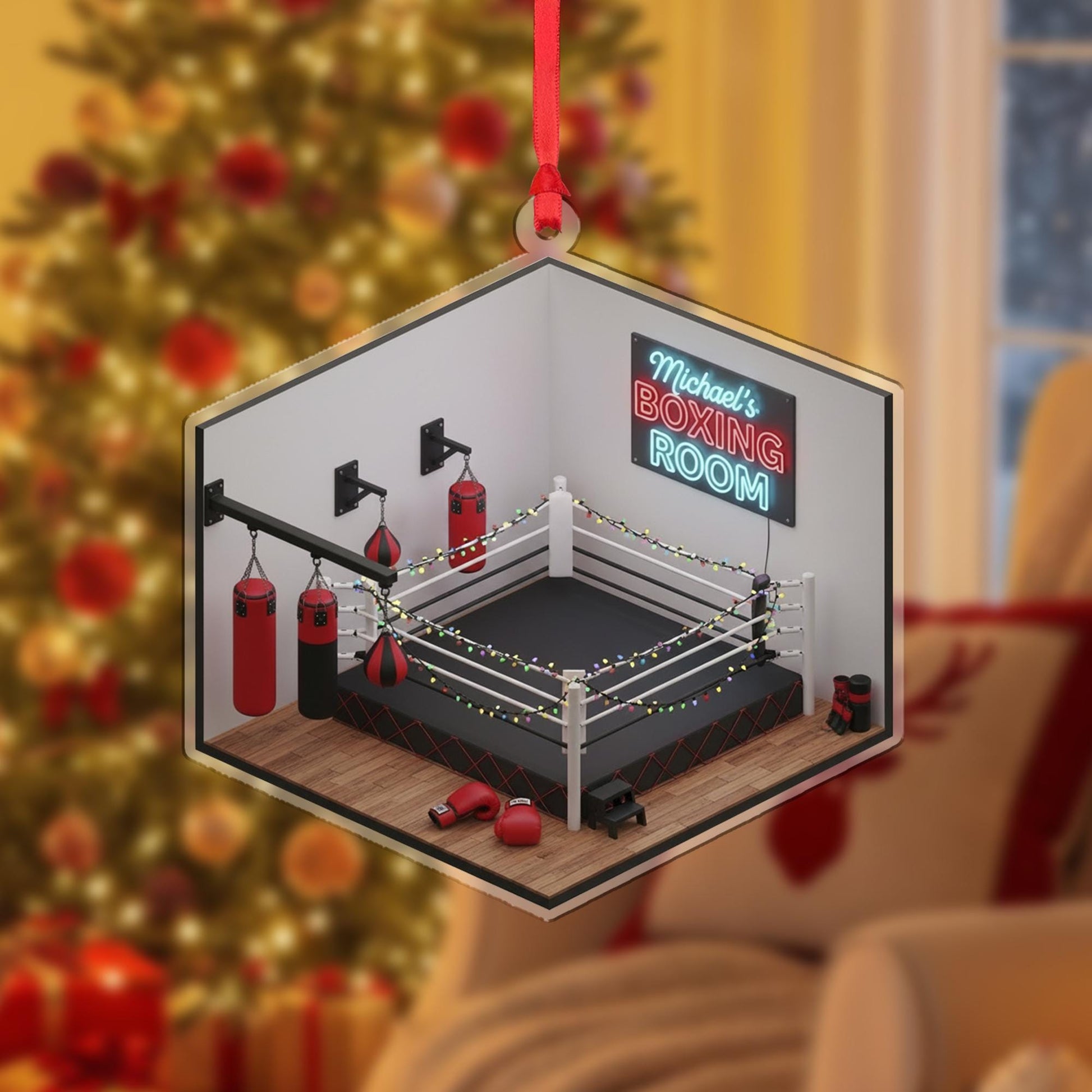 Personalized Boxing Ornament – Holiday Tree Decoration with Ring, Gloves, and Training Room Design
