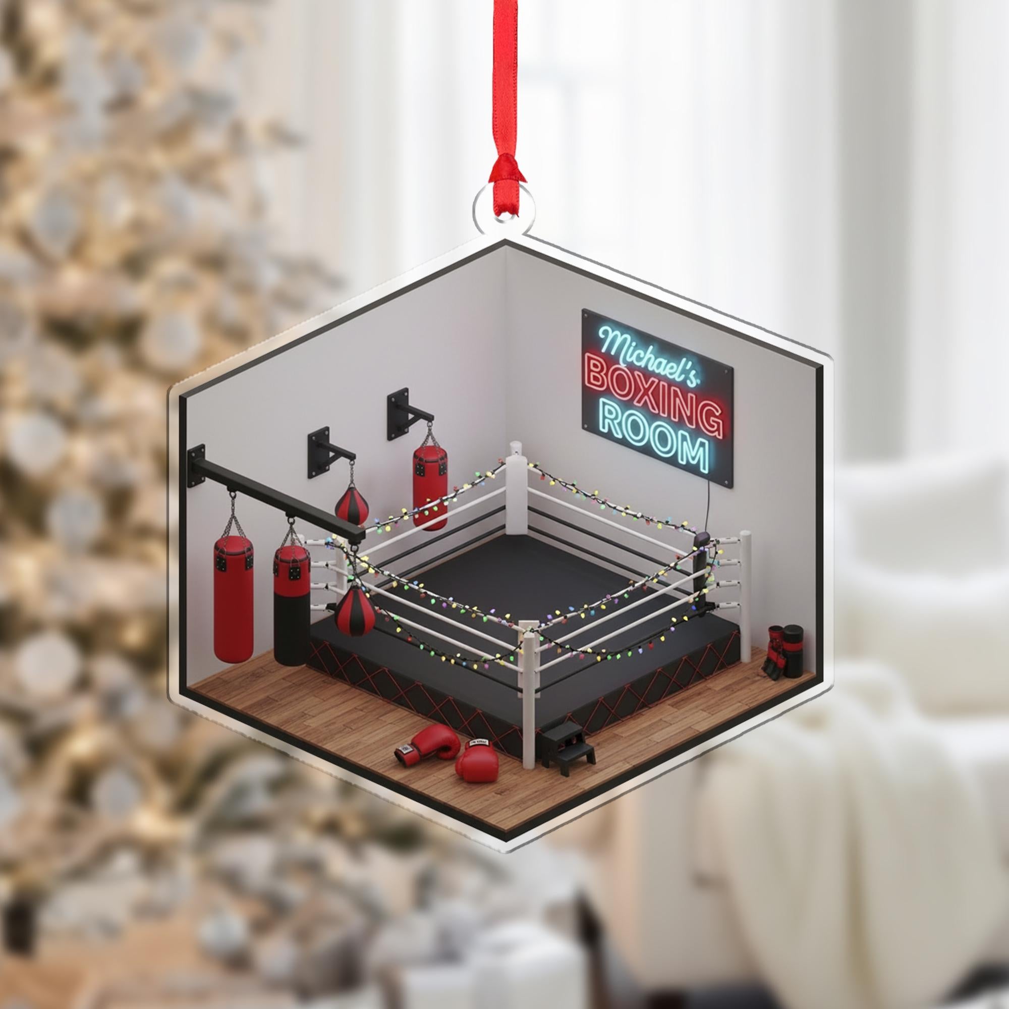 Personalized Boxing Ornament – Holiday Tree Decoration with Ring, Gloves, and Training Room Design
