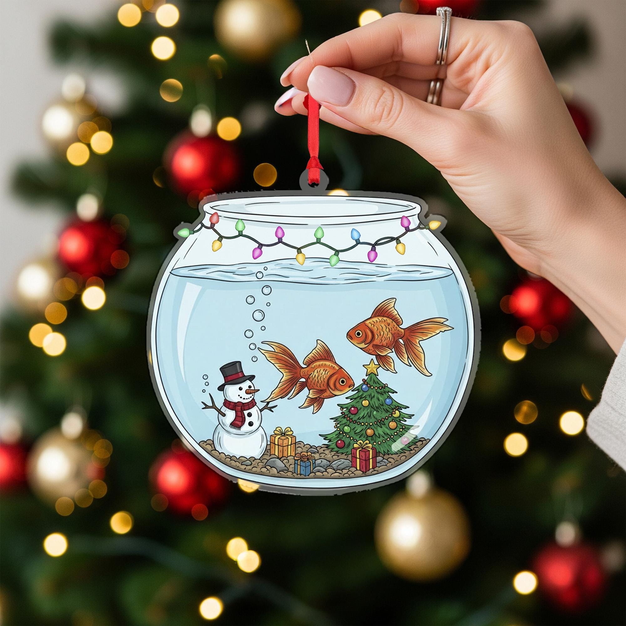 Personalized Acrylic Ornament: Fish Bowl Christmas Decoration with Goldfish, Snowman, and Tree