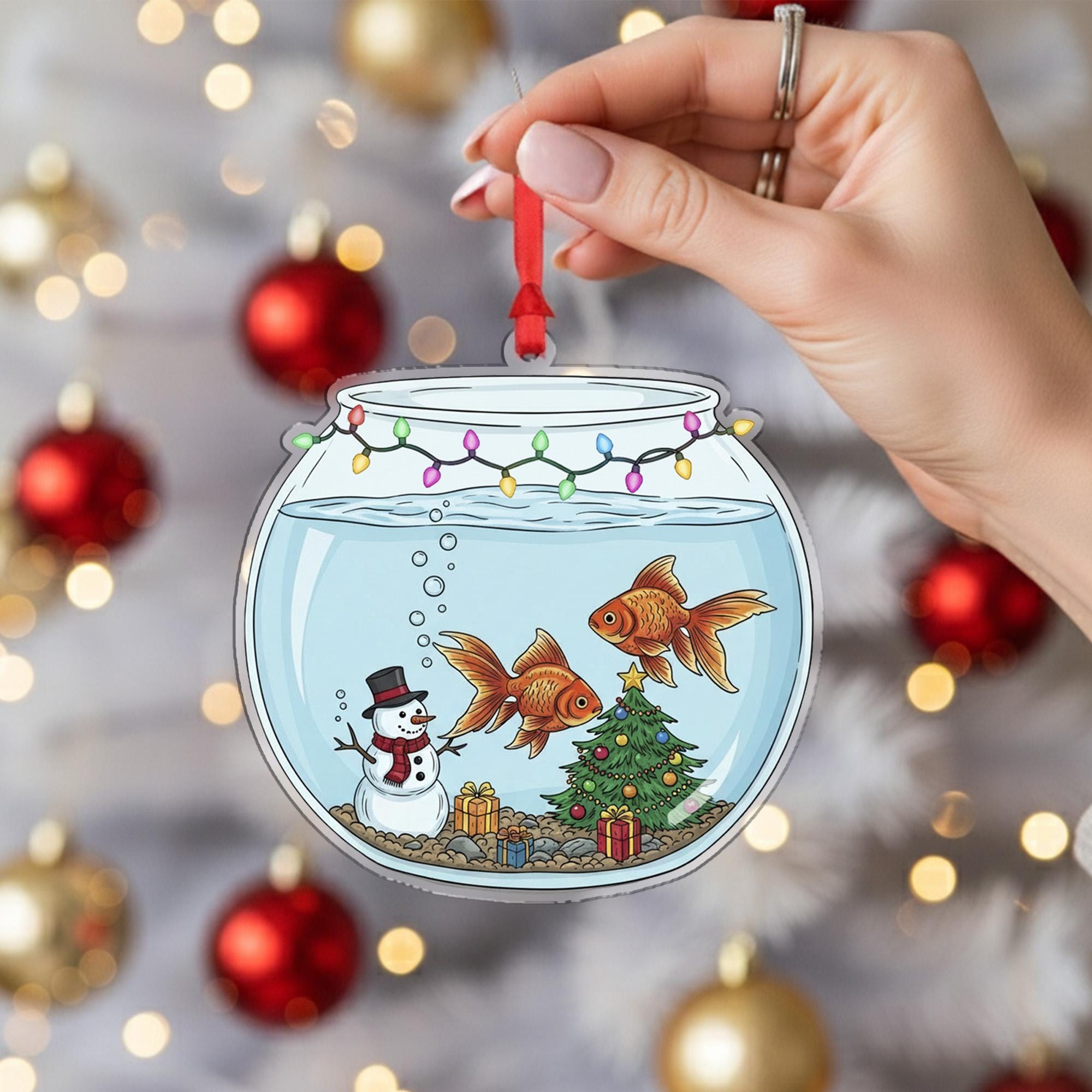 Personalized Acrylic Ornament: Fish Bowl Christmas Decoration with Goldfish, Snowman, and Tree