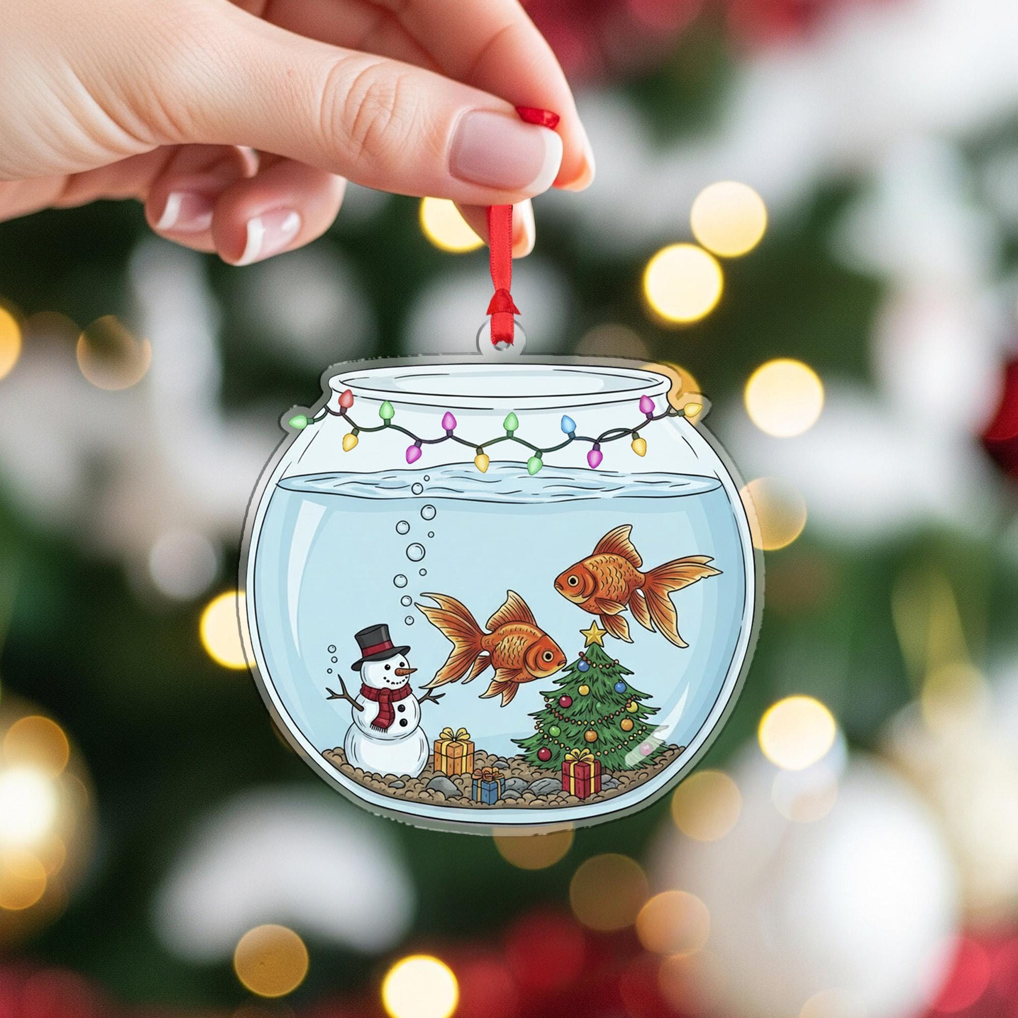 Personalized Acrylic Ornament: Fish Bowl Christmas Decoration with Goldfish, Snowman, and Tree