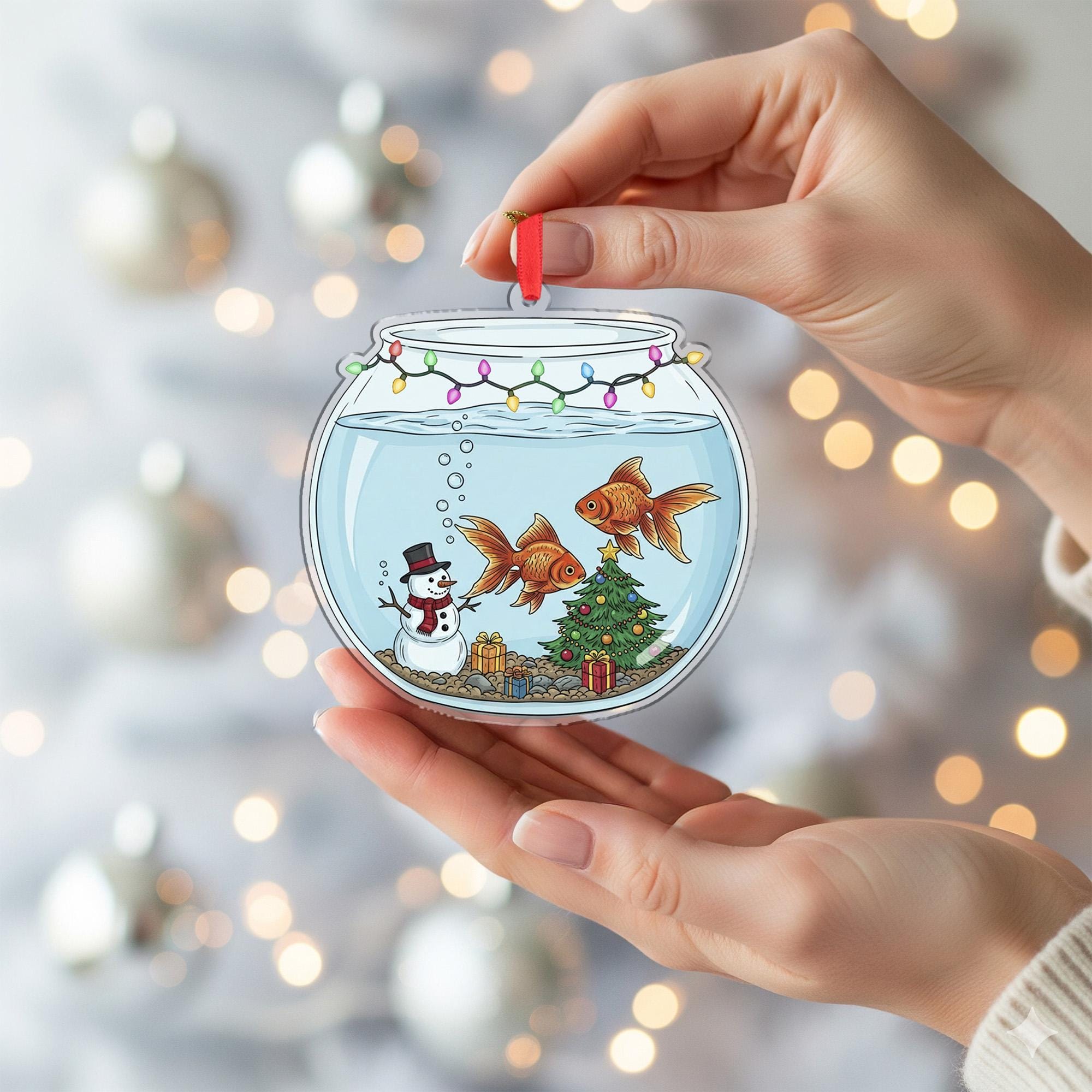 Personalized Acrylic Ornament: Fish Bowl Christmas Decoration with Goldfish, Snowman, and Tree