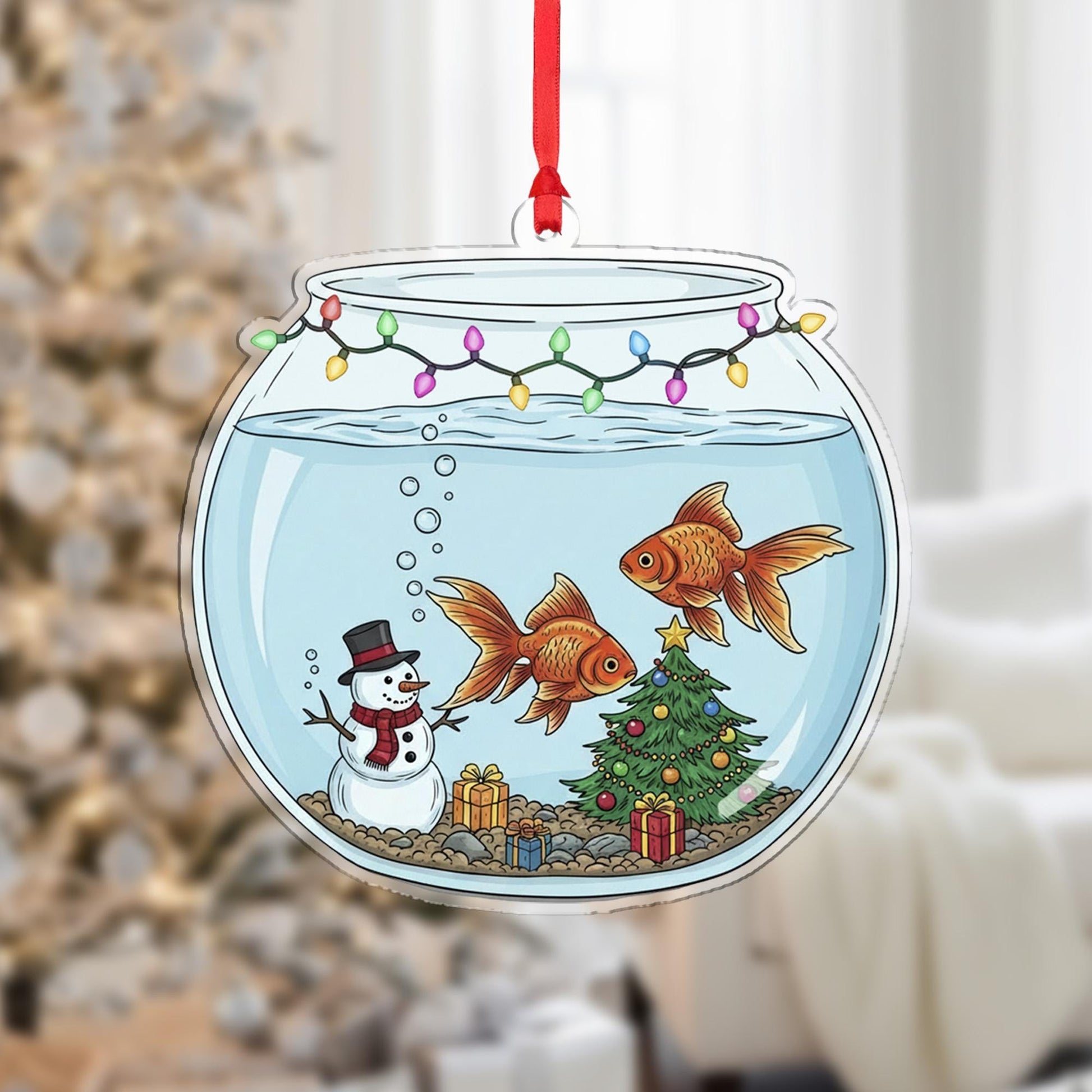 Personalized Acrylic Ornament: Fish Bowl Christmas Decoration with Goldfish, Snowman, and Tree