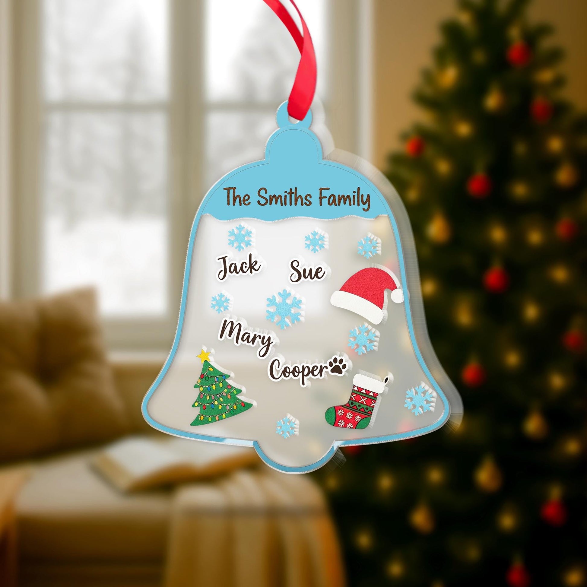 Personalized Acrylic Shaker Ornament: Family Name Bell Decoration with Snowflakes and Christmas Icons