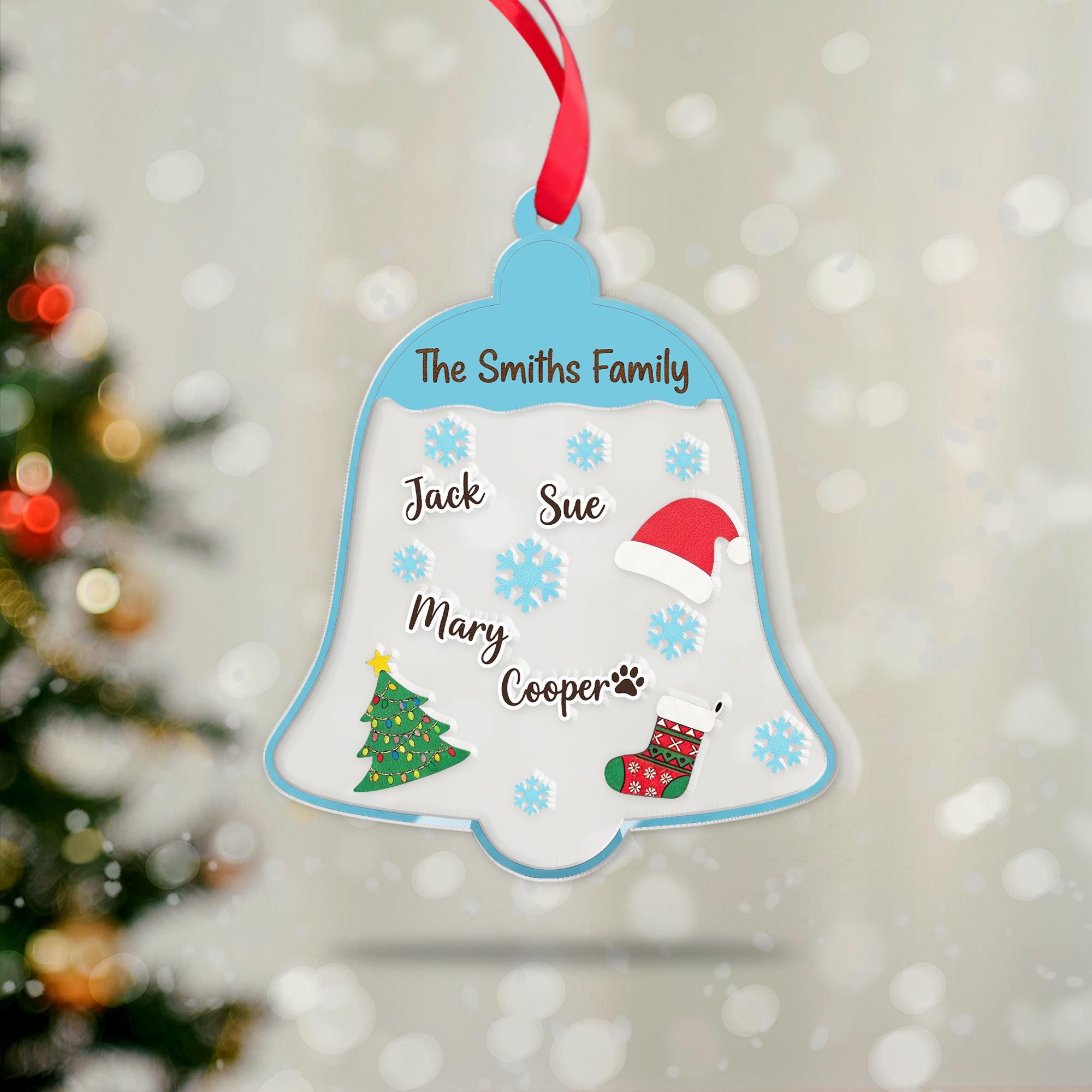 Personalized Acrylic Shaker Ornament: Family Name Bell Decoration with Snowflakes and Christmas Icons