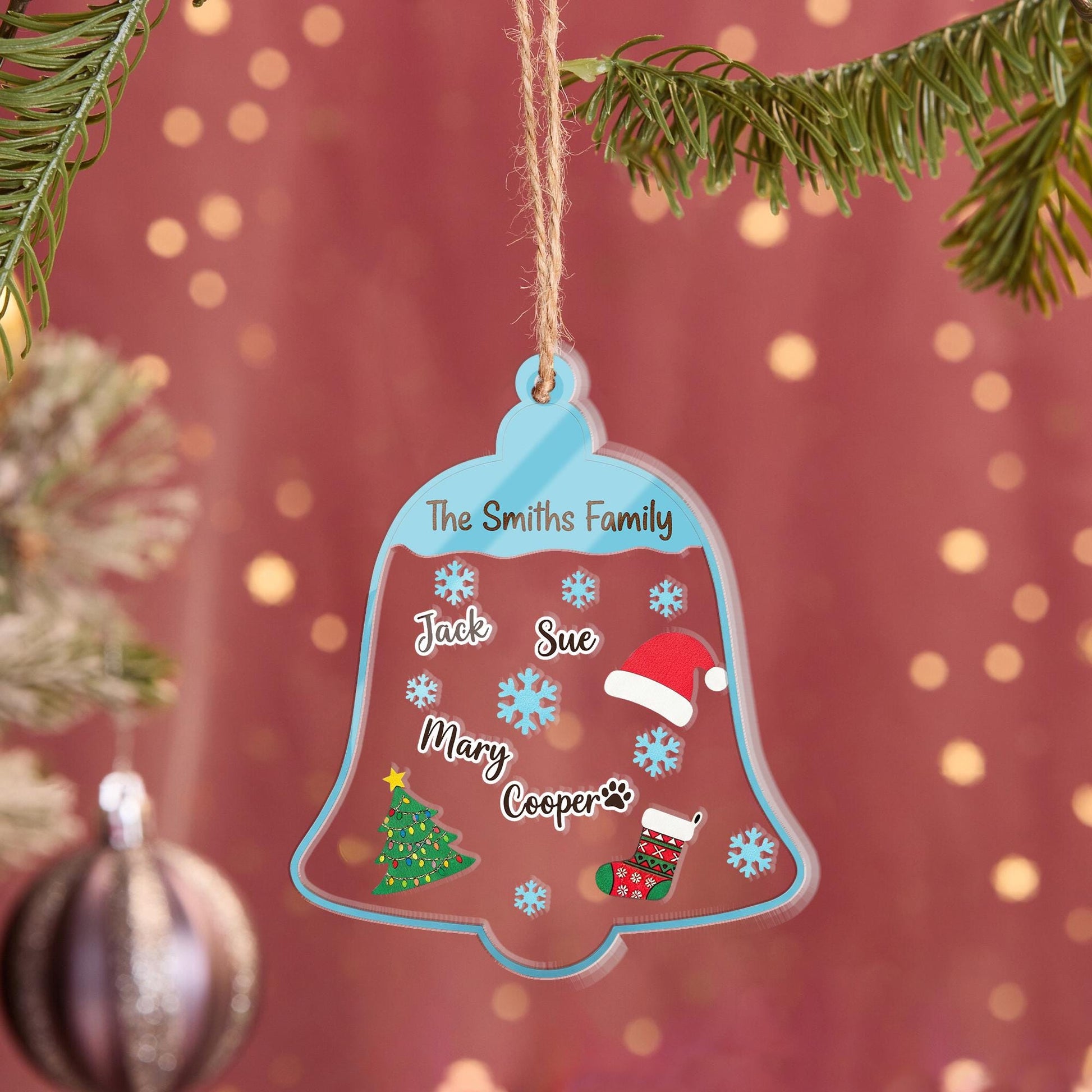 Personalized Acrylic Shaker Ornament: Family Name Bell Decoration with Snowflakes and Christmas Icons