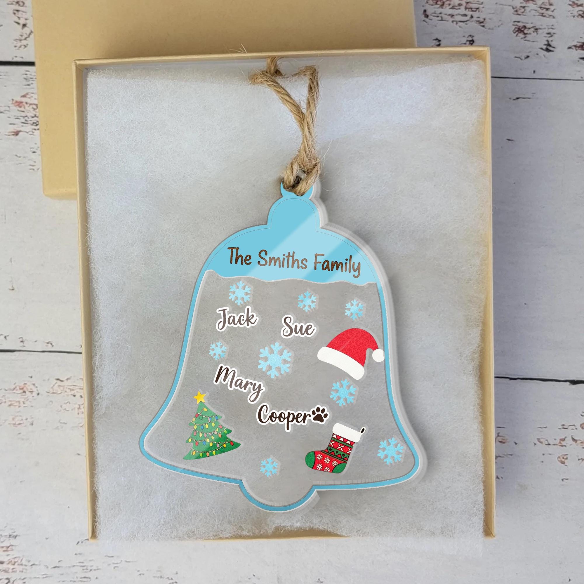 Personalized Acrylic Shaker Ornament: Family Name Bell Decoration with Snowflakes and Christmas Icons