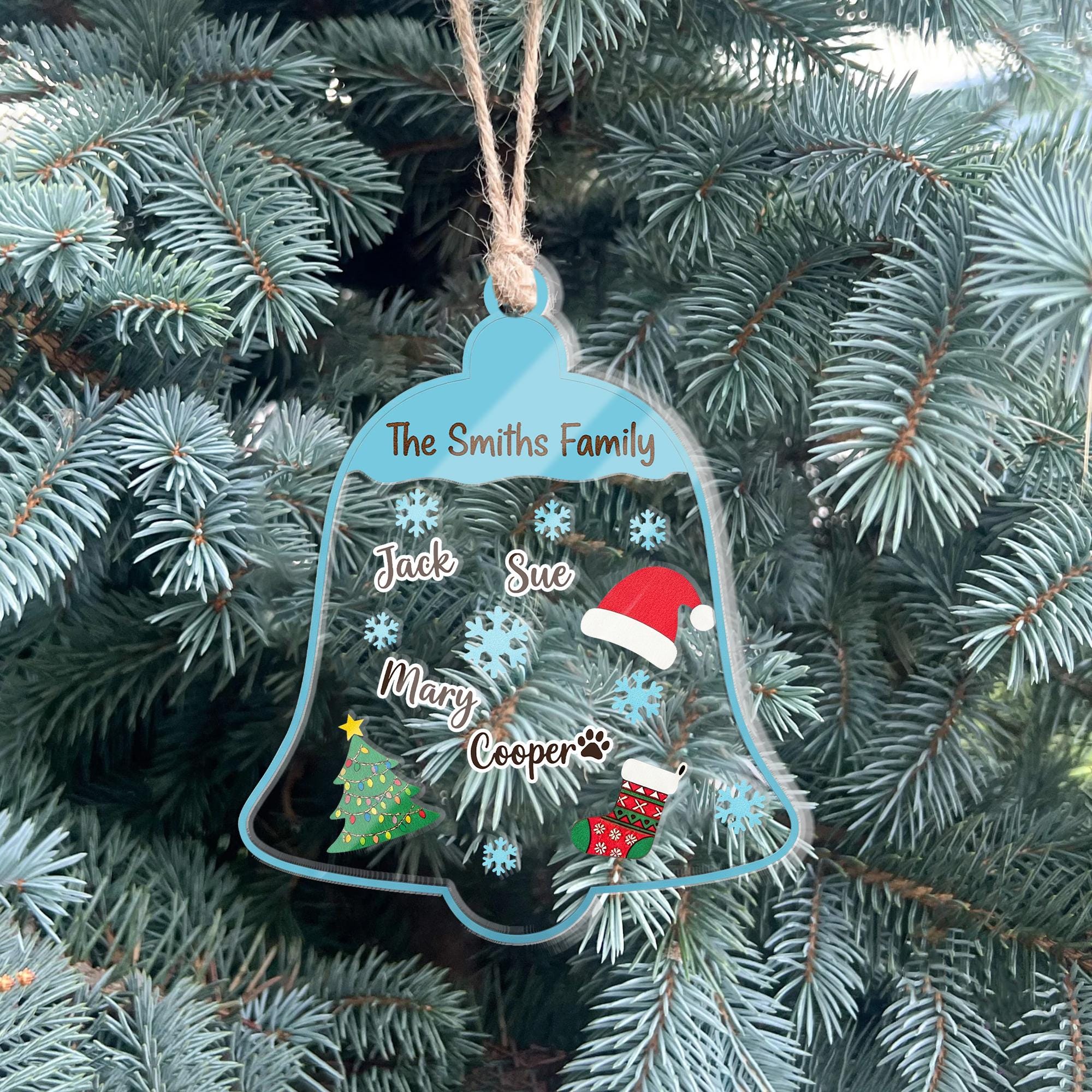 Personalized Acrylic Shaker Ornament: Family Name Bell Decoration with Snowflakes and Christmas Icons