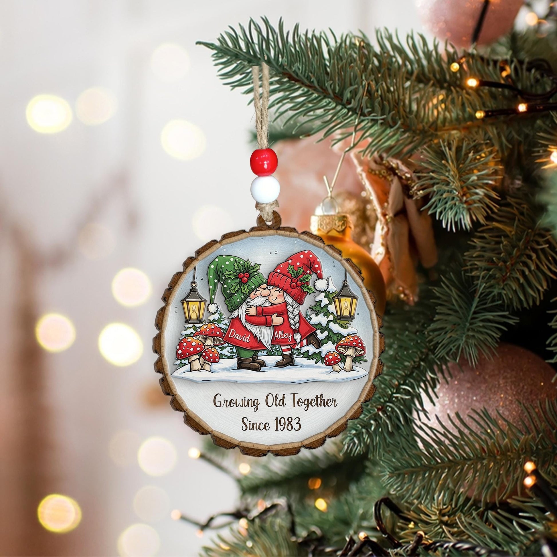 Personalized Wooden Ornament: Gnome Couple Growing Old Together Anniversary Decoration