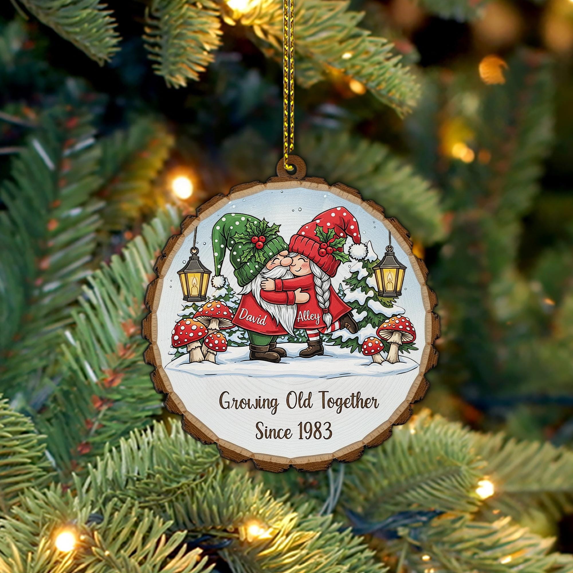 Personalized Wooden Ornament: Gnome Couple Growing Old Together Anniversary Decoration