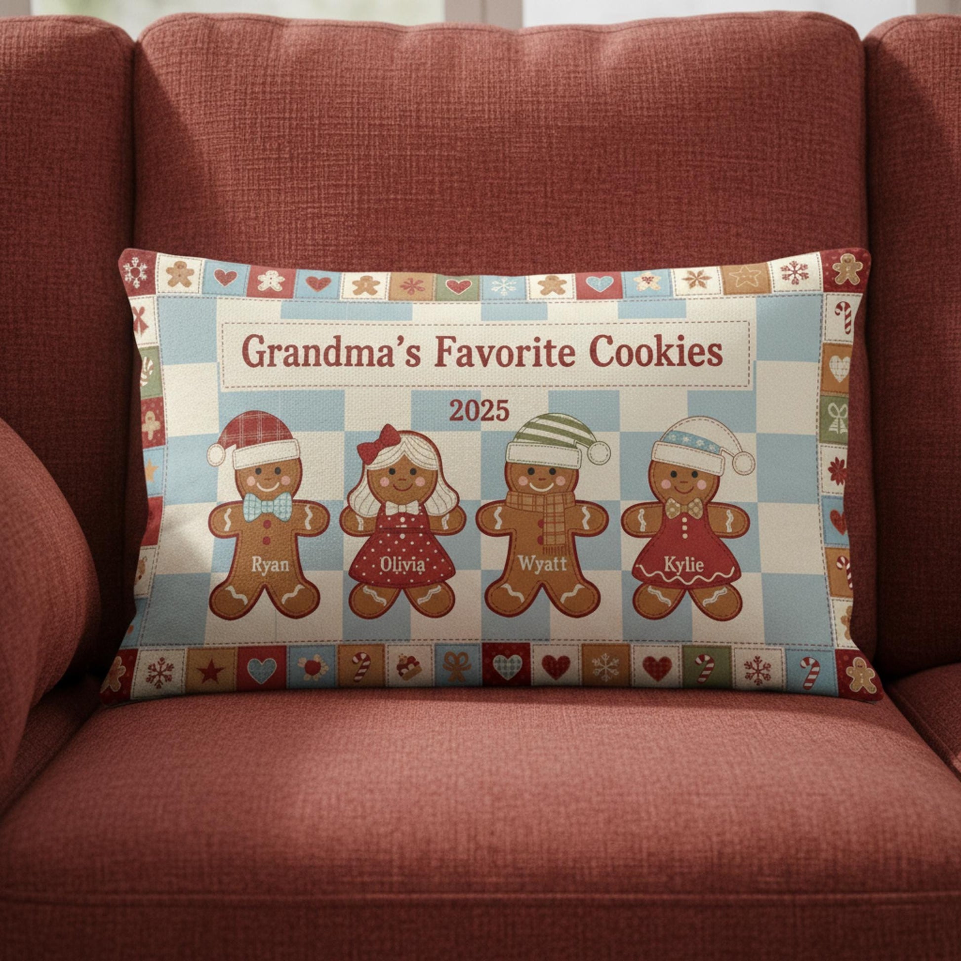 Personalized Grandma Cookies Pillow – Custom Gingerbread Family Throw Pillow 2025 Gift