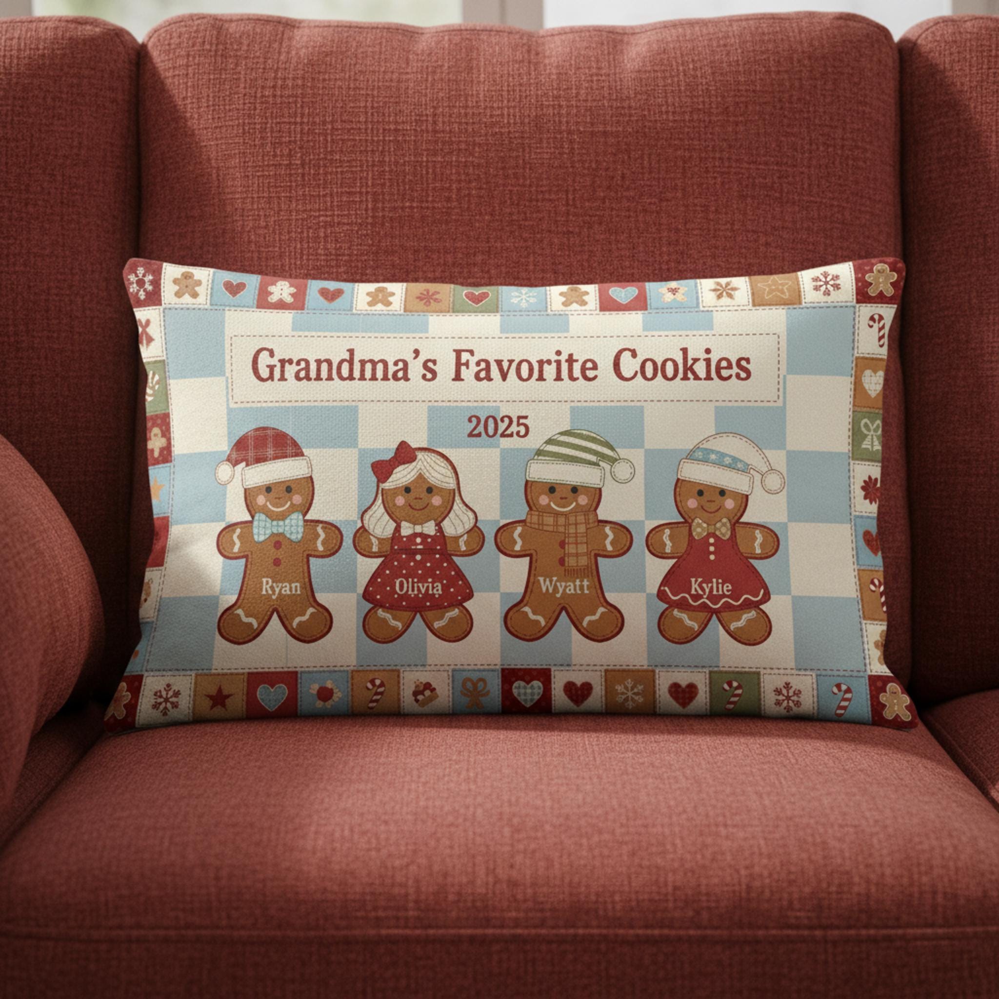 Personalized Grandma Cookies Pillow – Custom Gingerbread Family Throw Pillow 2025 Gift