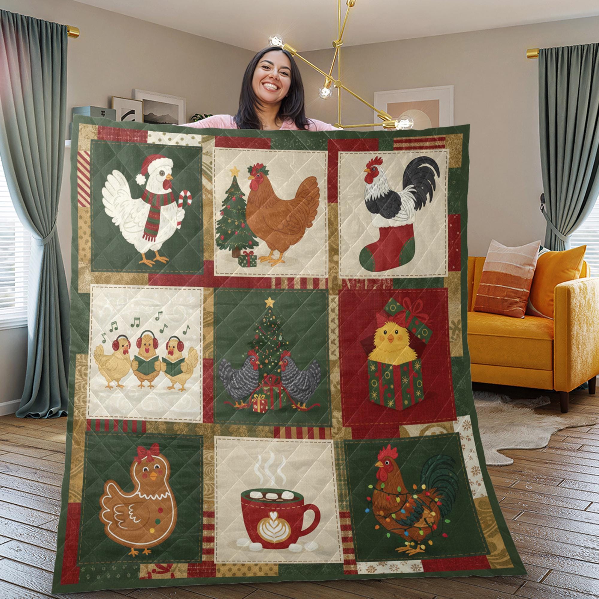 Christmas Chicken Quilt Blanket – Holiday Farmhouse Chicken Throw Quilt