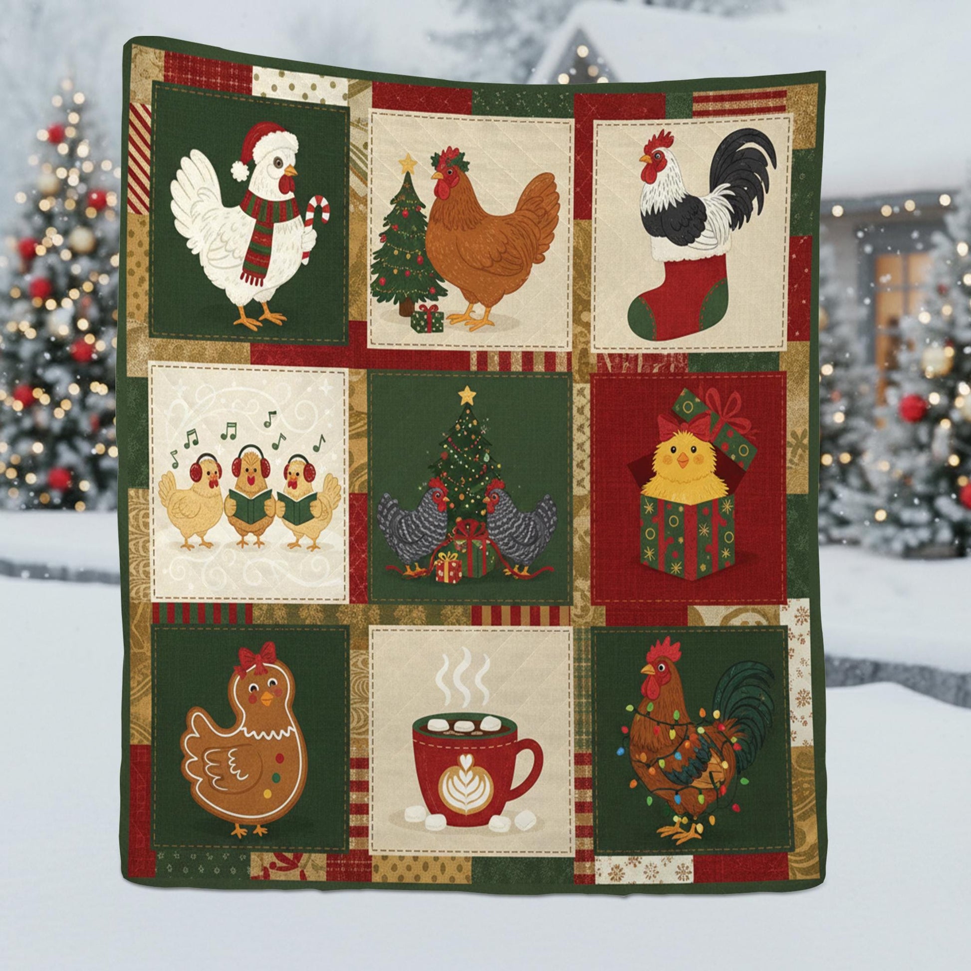 Christmas Chicken Quilt Blanket – Holiday Farmhouse Chicken Throw Quilt