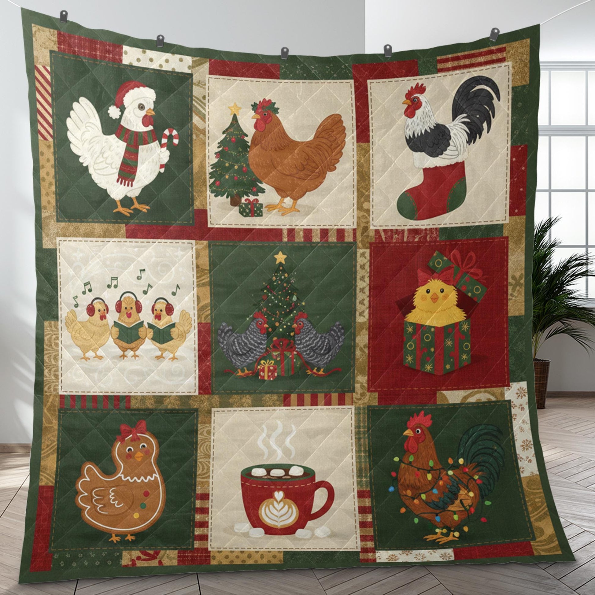 Christmas Chicken Quilt Blanket – Holiday Farmhouse Chicken Throw Quilt