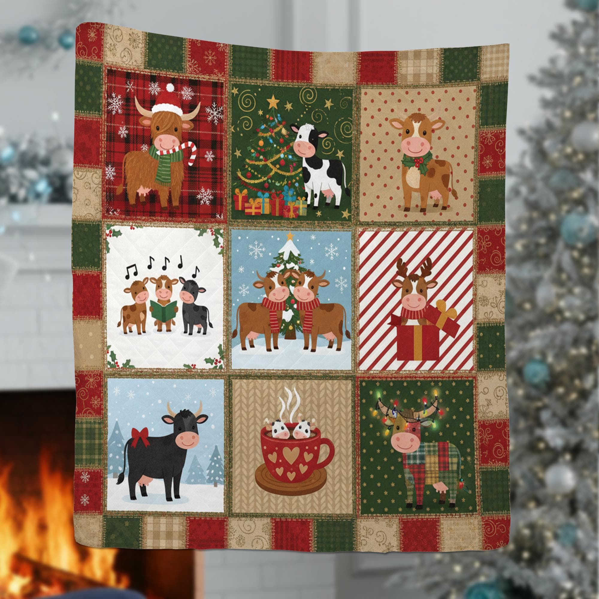 Christmas Cow Quilt Blanket – Farmhouse Holiday Cows Patchwork Throw Quilt