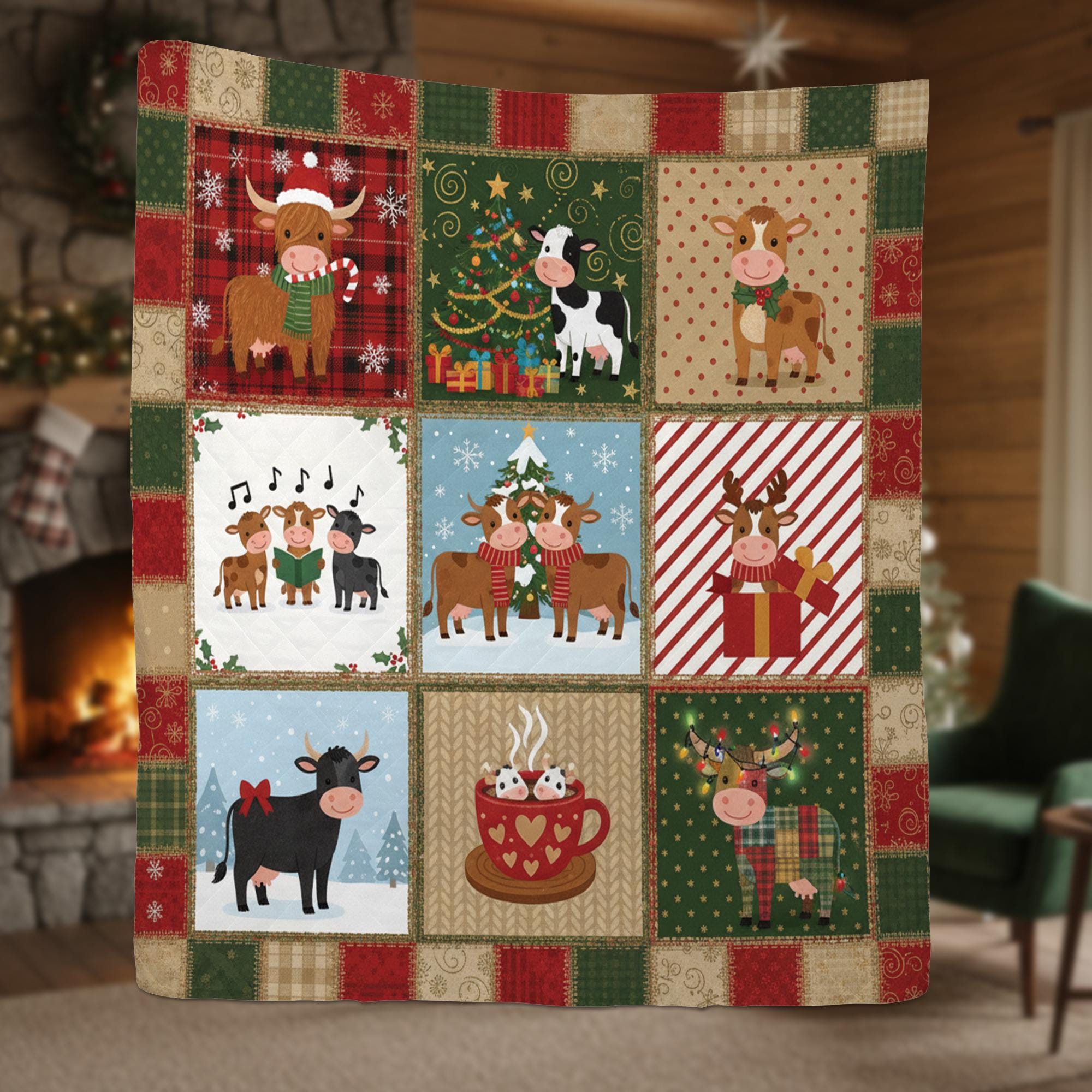 Christmas Cow Quilt Blanket – Farmhouse Holiday Cows Patchwork Throw Quilt