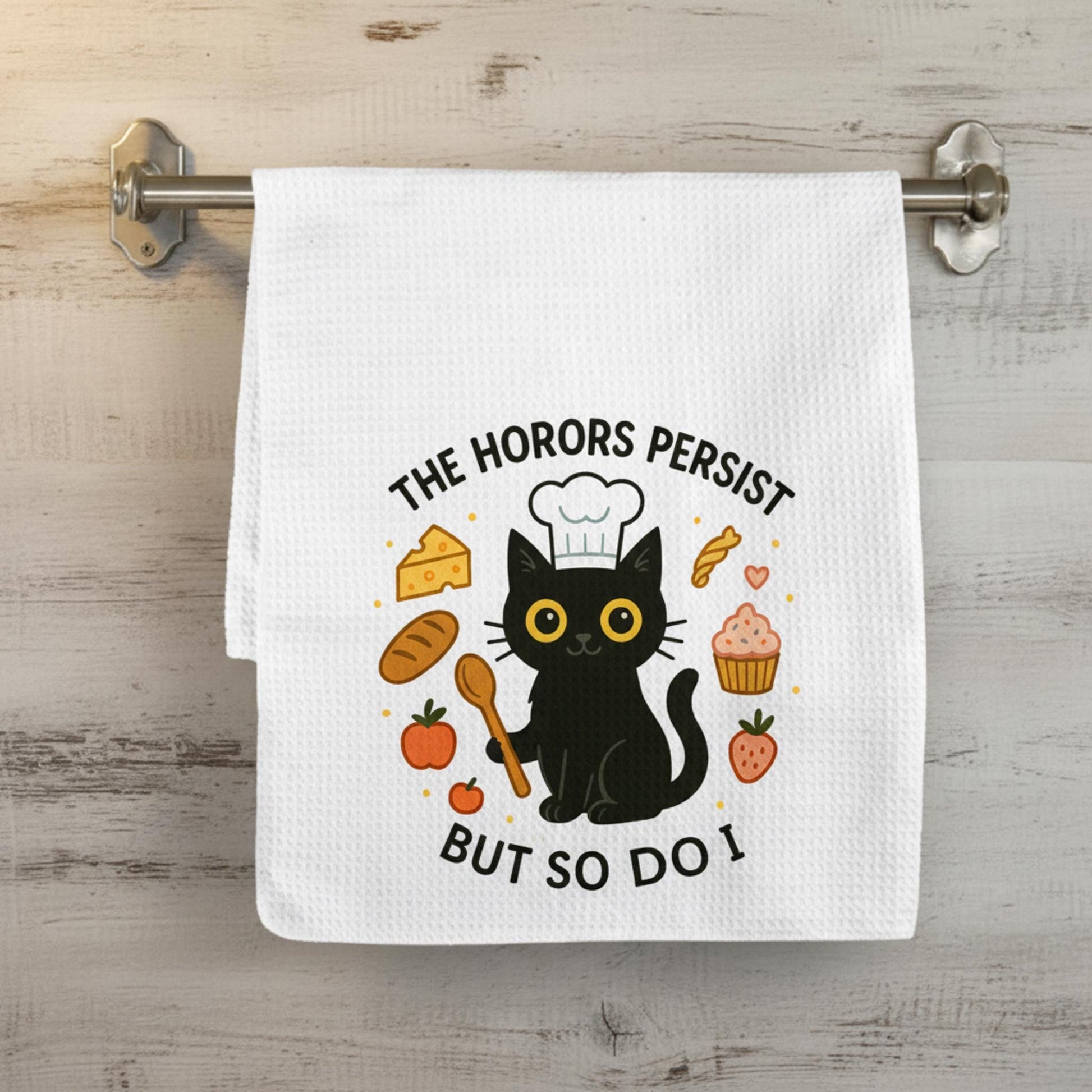 The Horrors Persist Funny Kitchen Towel; Black Cat Chef Baking Pun Terrycloth
