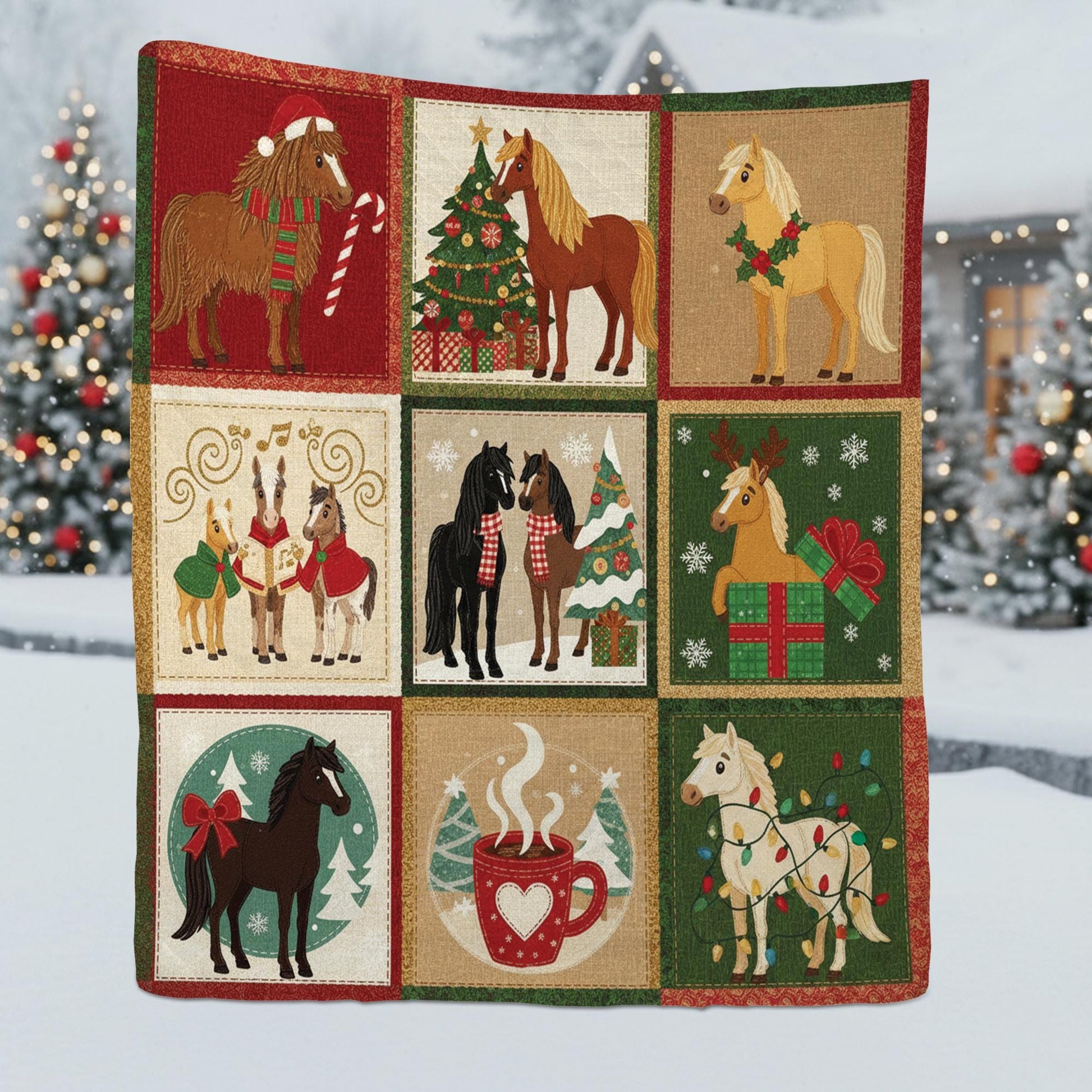 Christmas Horse Quilt Blanket – Holiday Farmhouse Horses Patchwork Throw