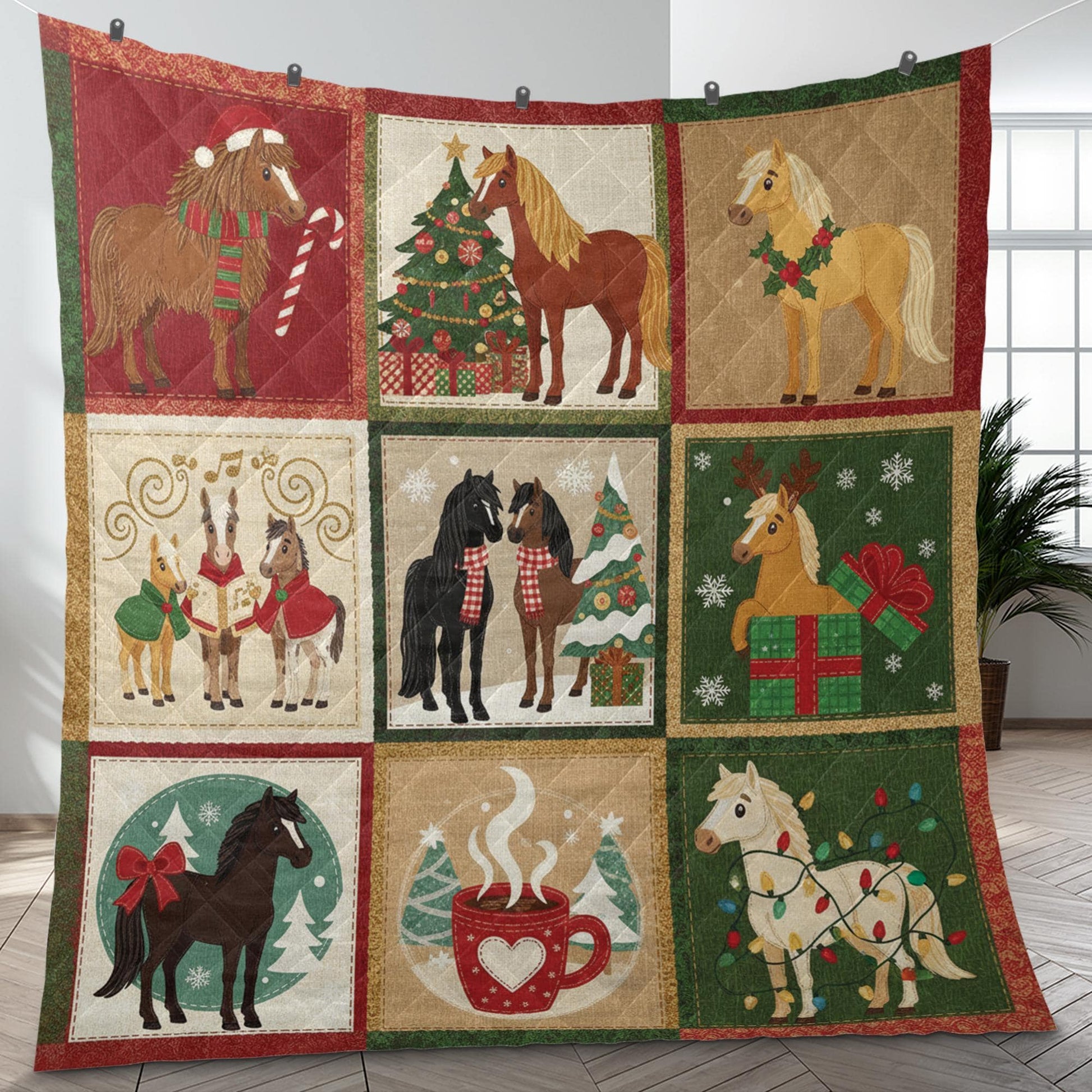 Christmas Horse Quilt Blanket – Holiday Farmhouse Horses Patchwork Throw