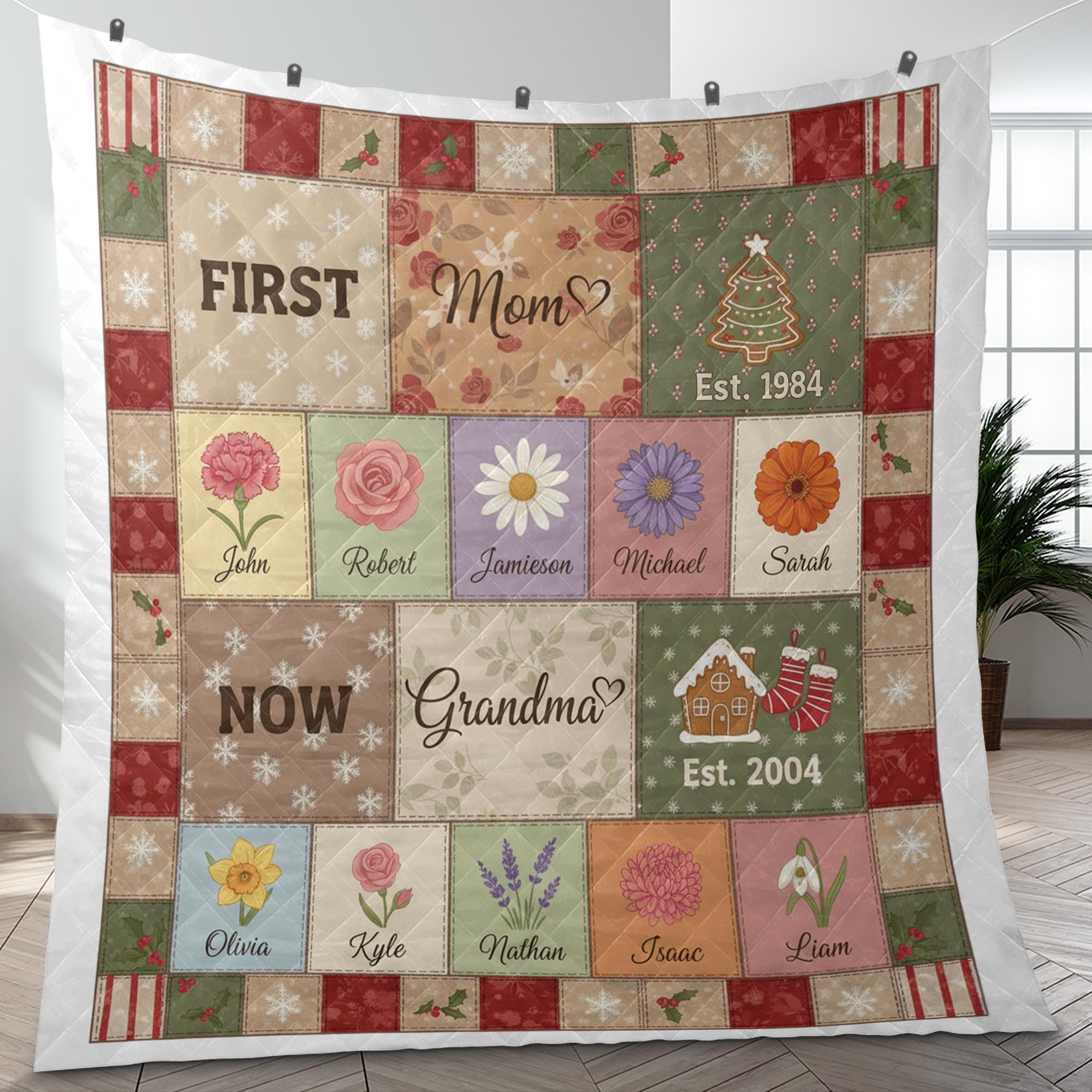 Personalized Mom to Grandma Quilt – Custom Family Name Flower Blanket Gift