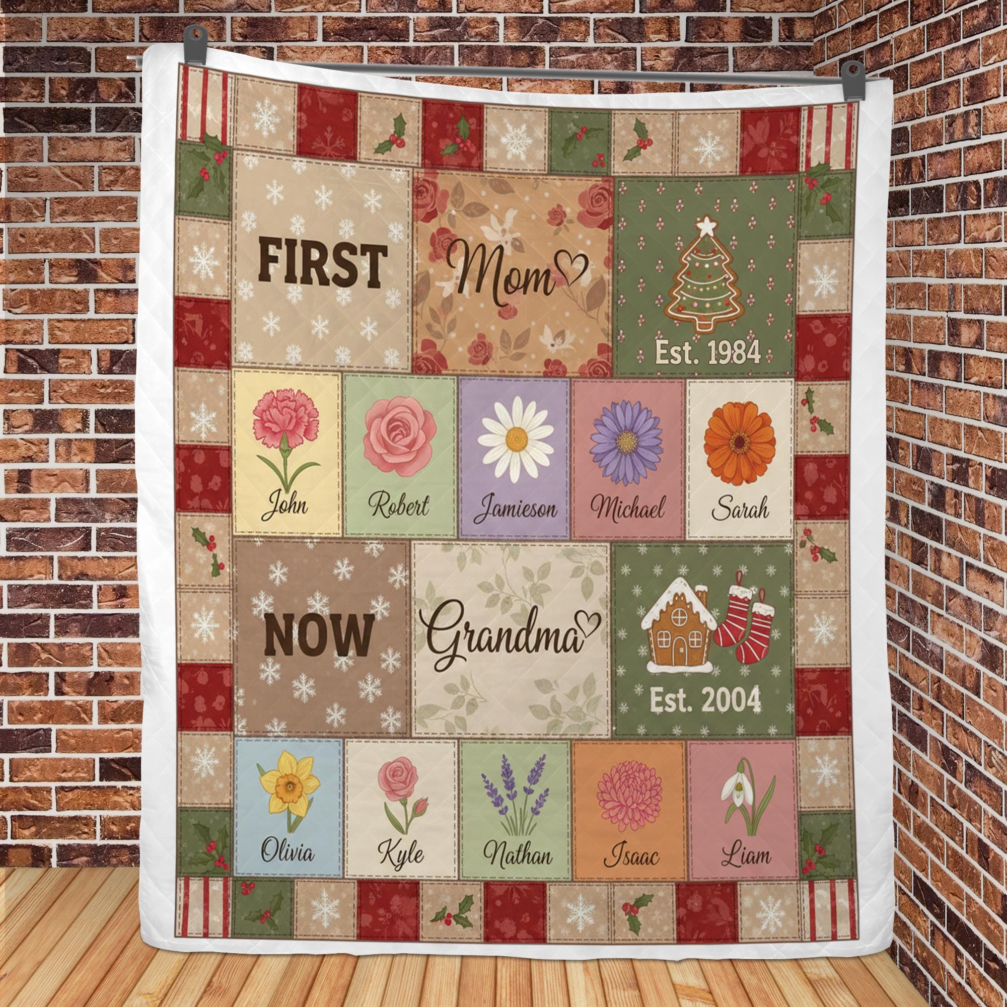 Personalized Mom to Grandma Quilt – Custom Family Name Flower Blanket Gift