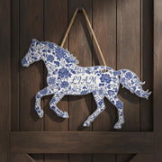 Personalized Chinoiserie Horse Shaped Wood Sign; Custom Name Blue White Floral Decor