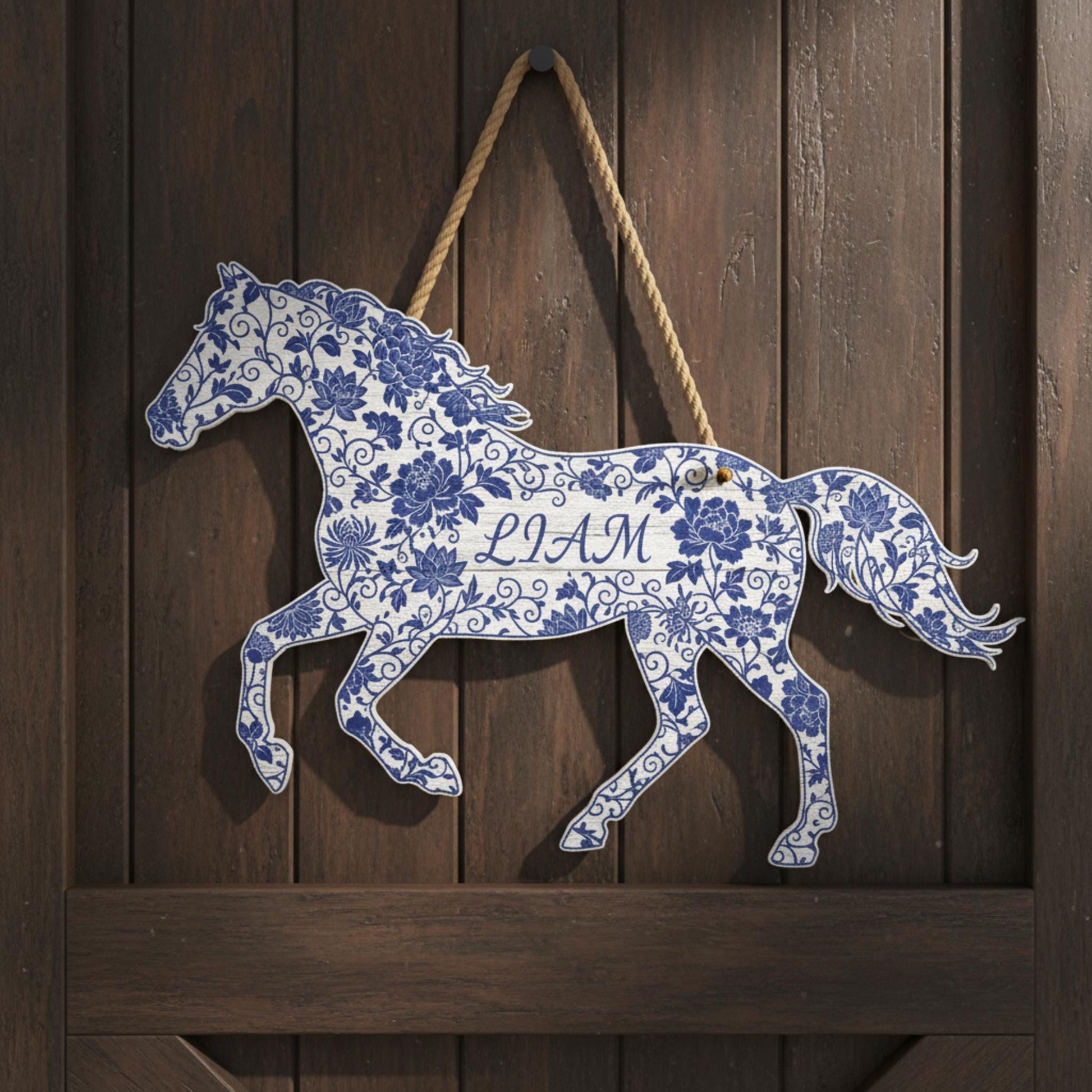 Personalized Chinoiserie Horse Shaped Wood Sign; Custom Name Blue White Floral Decor